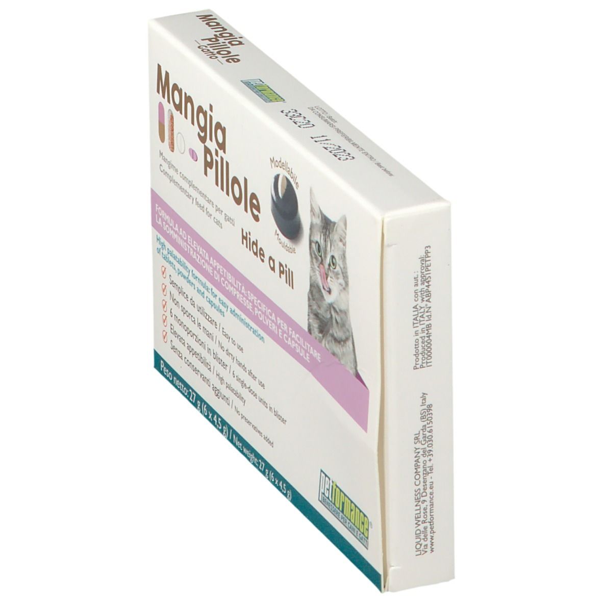 Petformance® Cache-pilules Verpackung. Aufdruck: Mangia Pillole, Katze, Hide a Pill. 6 Einzelportionen.