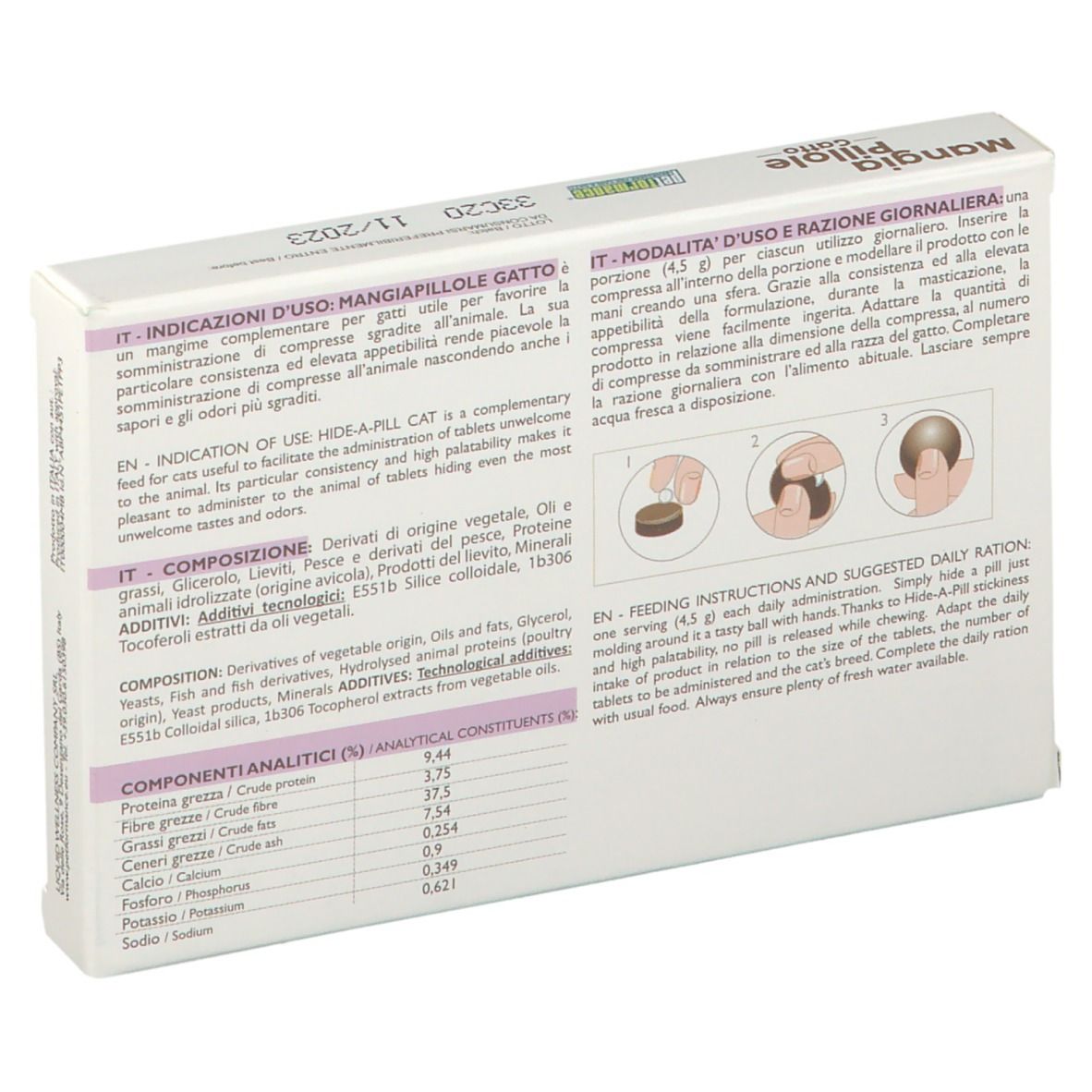 Rückseite der Petformance® Cache-pilules Verpackung. Text und Abbildungen zur Anwendung.