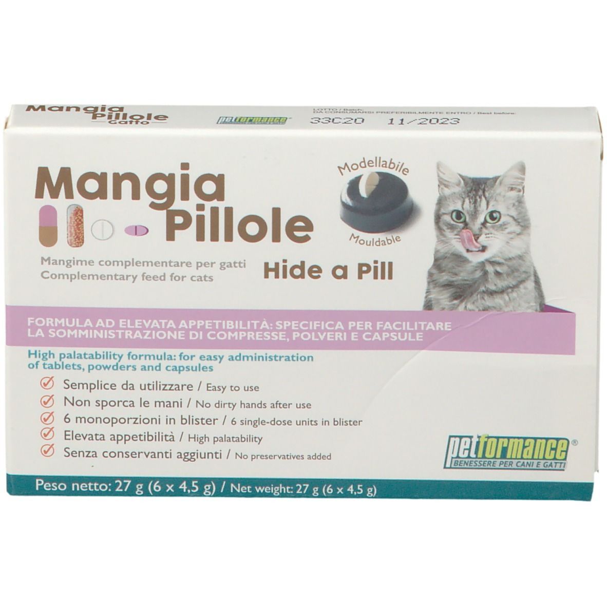 Petformance® Cache-pilules Verpackung. Aufdruck: Mangia Pillole, Katze, Hide a Pill. 6 Einzelportionen.