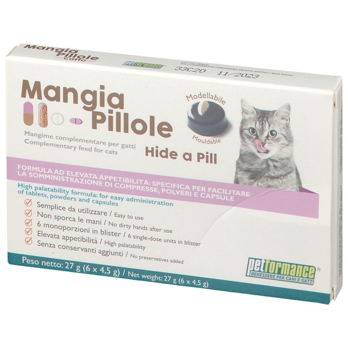 Petformance® Cache-pilules Verpackung. Aufdruck: Mangia Pillole, Katze, Hide a Pill. 6 Einzelportionen.
