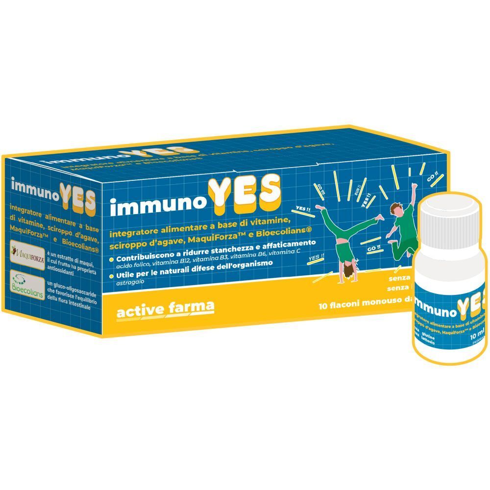 Scatola blu e gialla con nome del prodotto e flacone. Contiene 10 flaconcini monodose. Scritta: Immuno Yes.