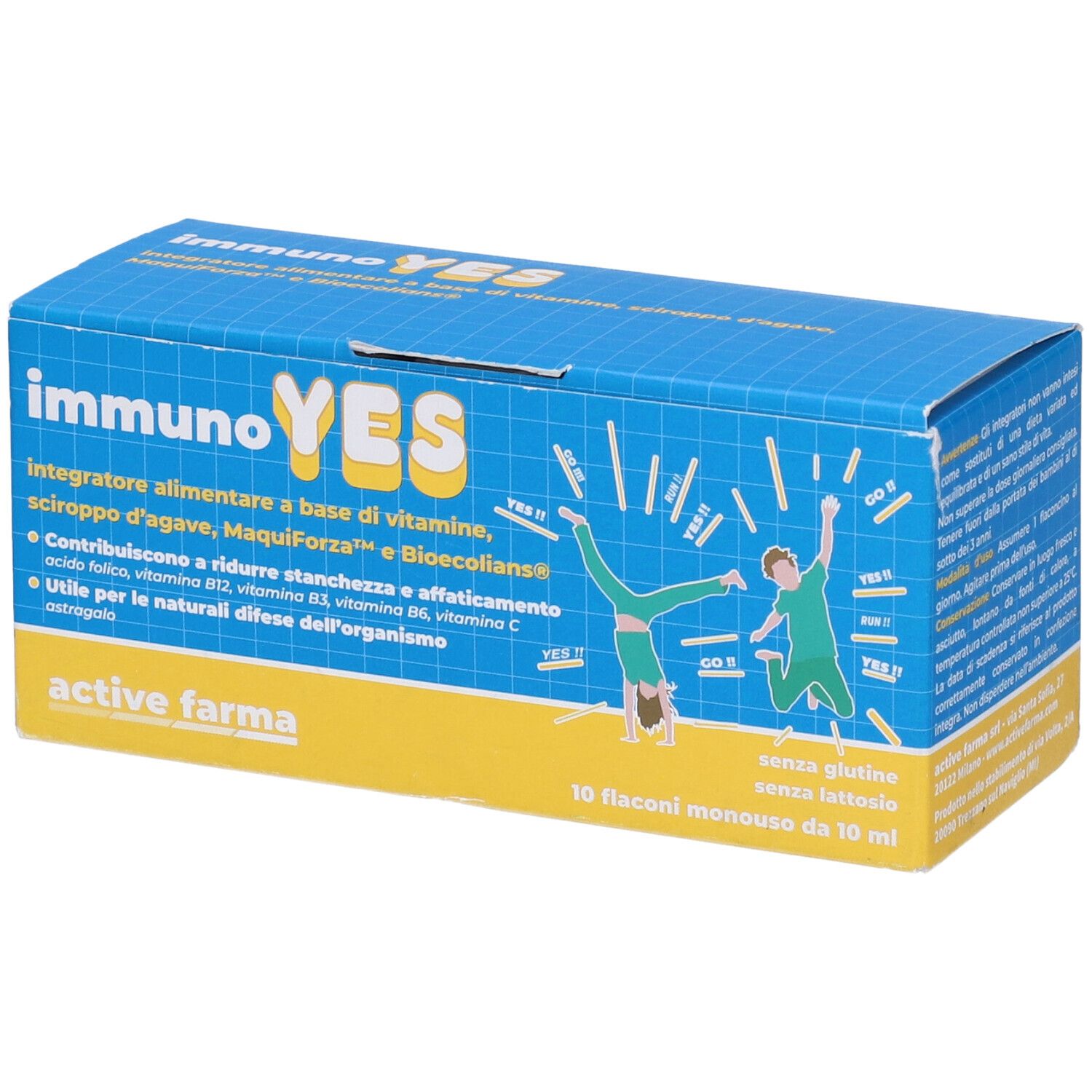 Scatola blu e gialla con nome del prodotto e scritta. Contiene 10 flaconcini monodose. Scritta: Immuno Yes.