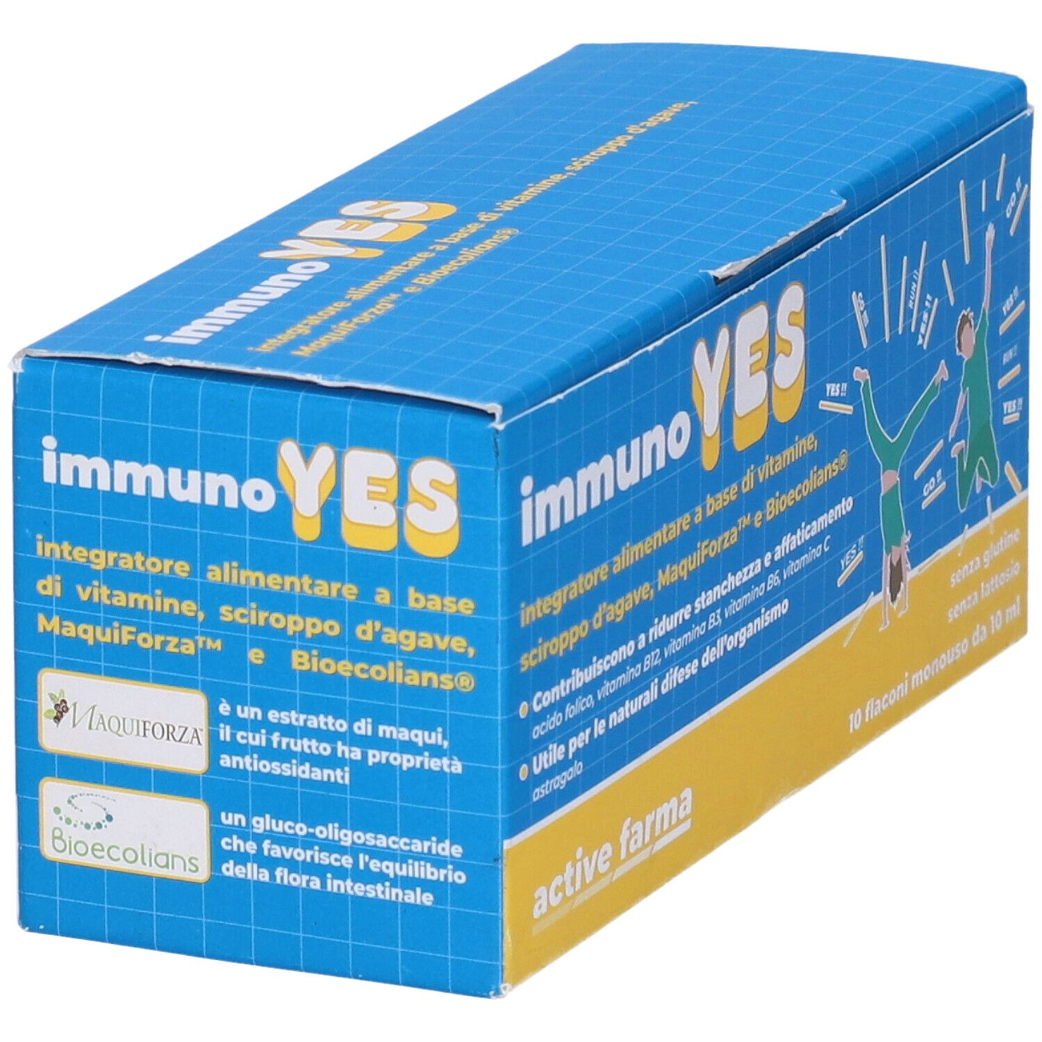 Scatola blu e gialla con nome del prodotto e scritta. Contiene 10 flaconcini monodose. Scritta: Immuno Yes.