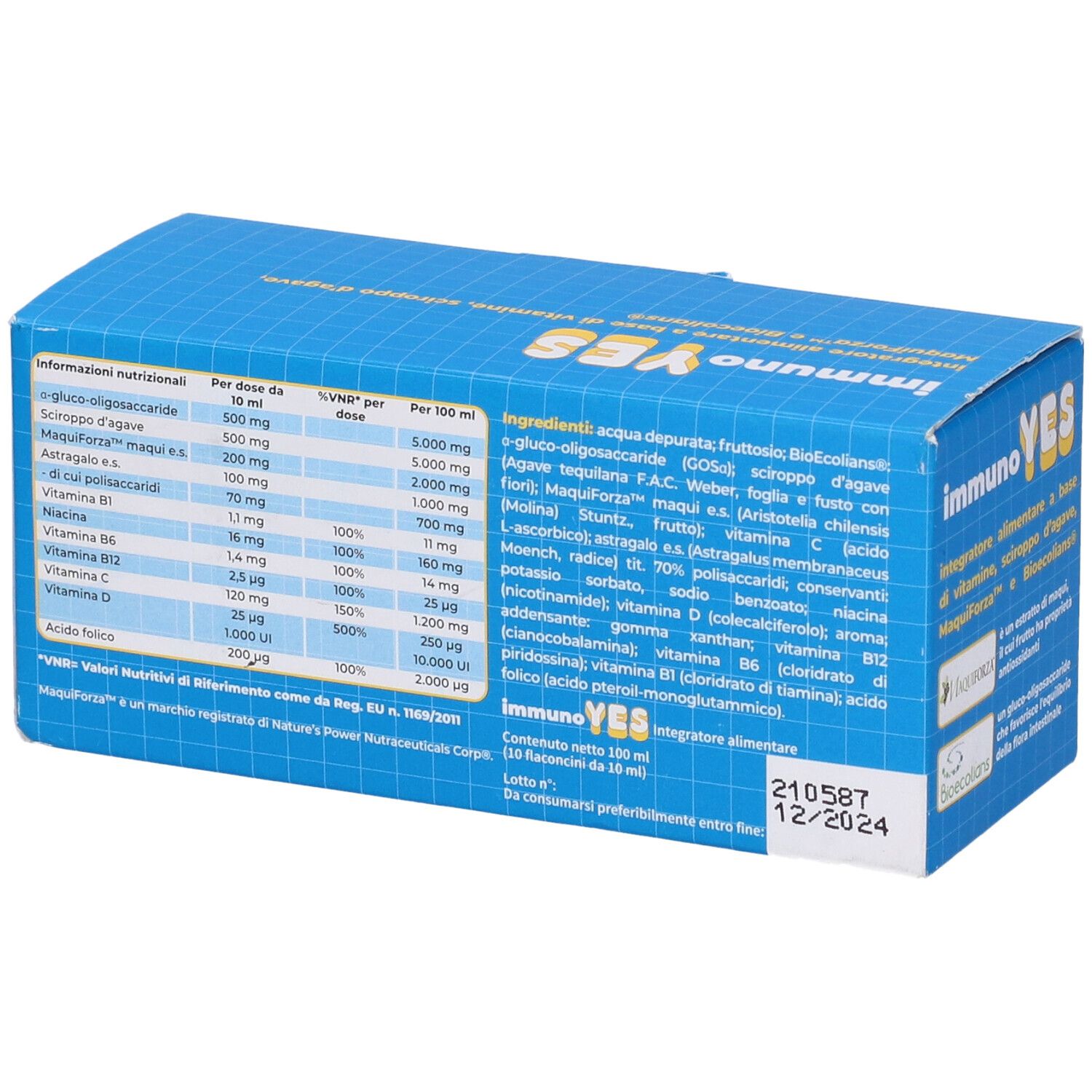 Scatola blu e gialla con informazioni sul prodotto e tabella nutrizionale. Scritta: Immuno Yes. Contiene 10 flaconcini monodose.