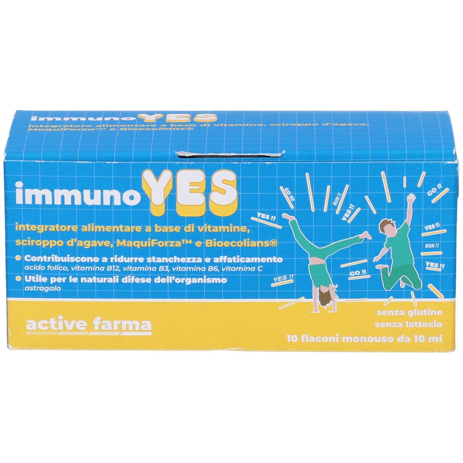Scatola blu e gialla con nome del prodotto e scritta. Contiene 10 flaconcini monodose. Scritta: Immuno Yes.