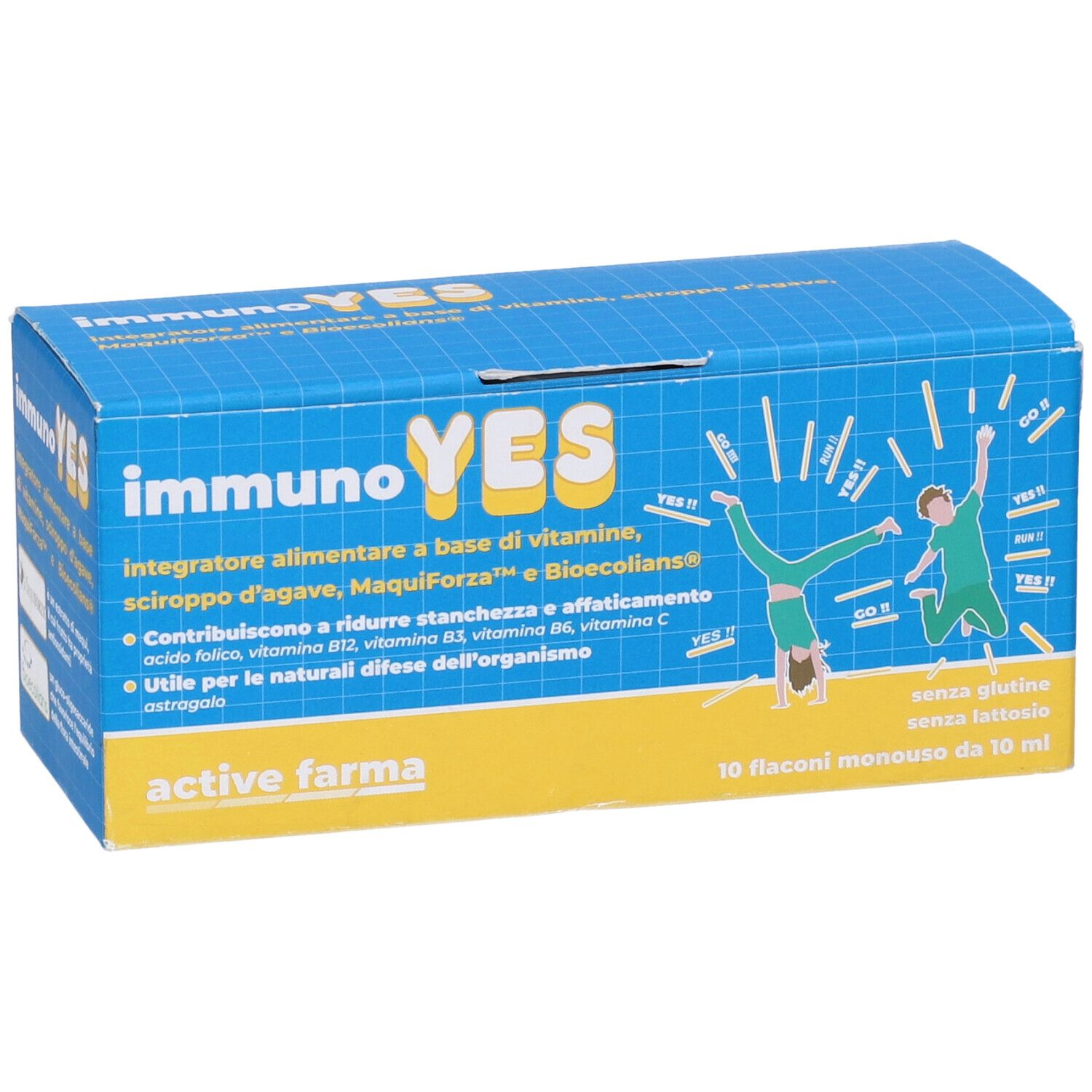 Scatola blu e gialla con nome del prodotto e scritta. Contiene 10 flaconcini monodose. Scritta: Immuno Yes.