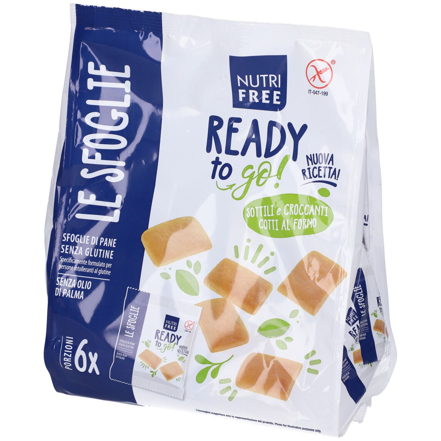 Confezione di "Le Sfoglie" senza glutine. Scritta: Nutri Free, Ready to go!, 6 porzioni. Illustrazione dei fiocchi di pane.