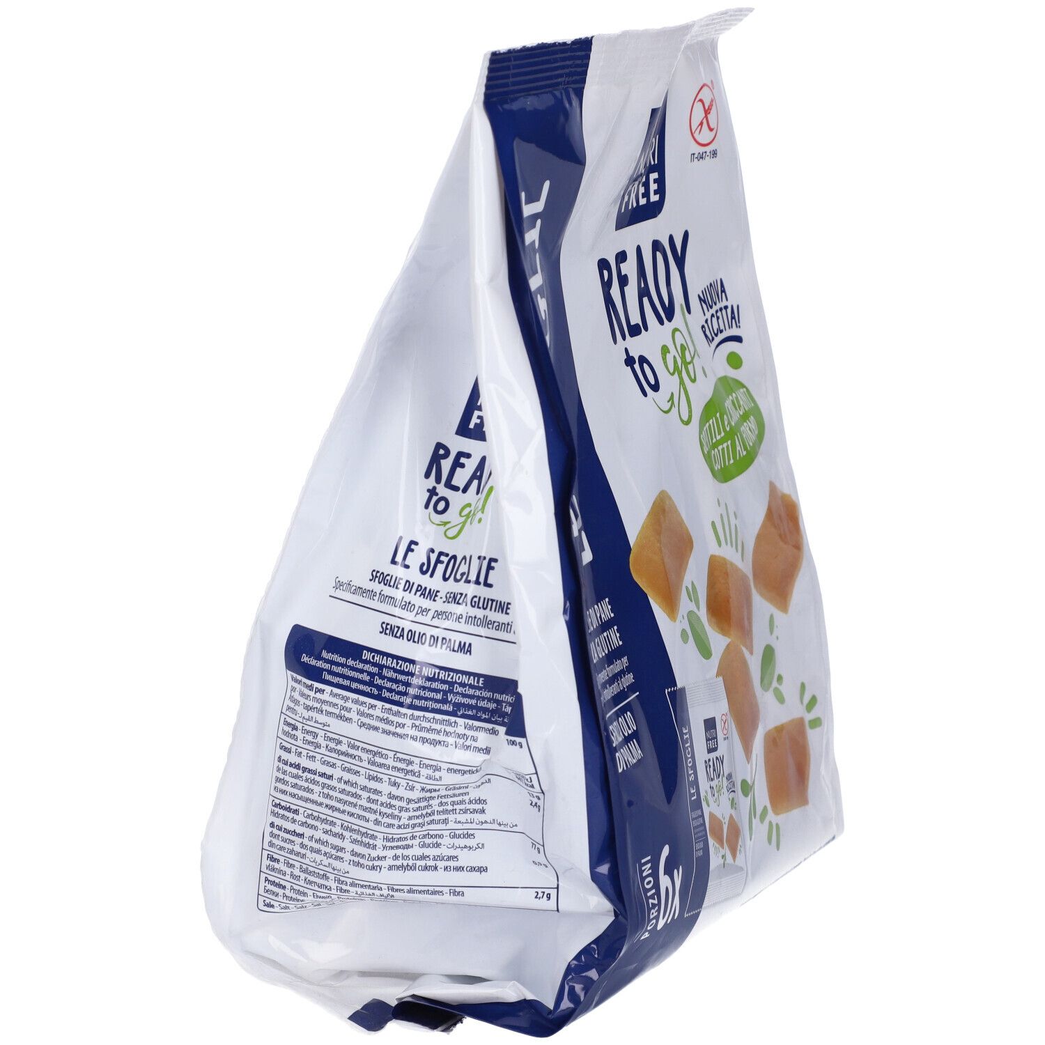Confezione di "Le Sfoglie" senza glutine. Scritta: Nutri Free, Ready to go!, 6 porzioni. Illustrazione dei fiocchi di pane.