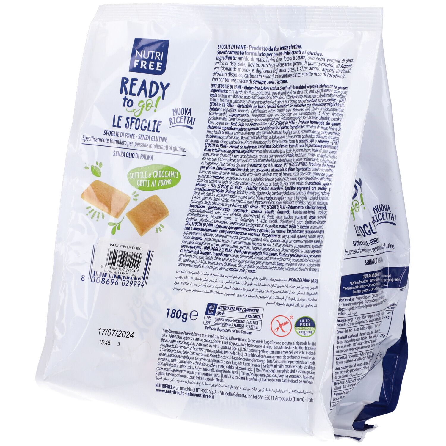 Confezione di "Le Sfoglie" senza glutine. Scritta: Nutri Free, Ready to go!, 6 porzioni. Retro con testo.