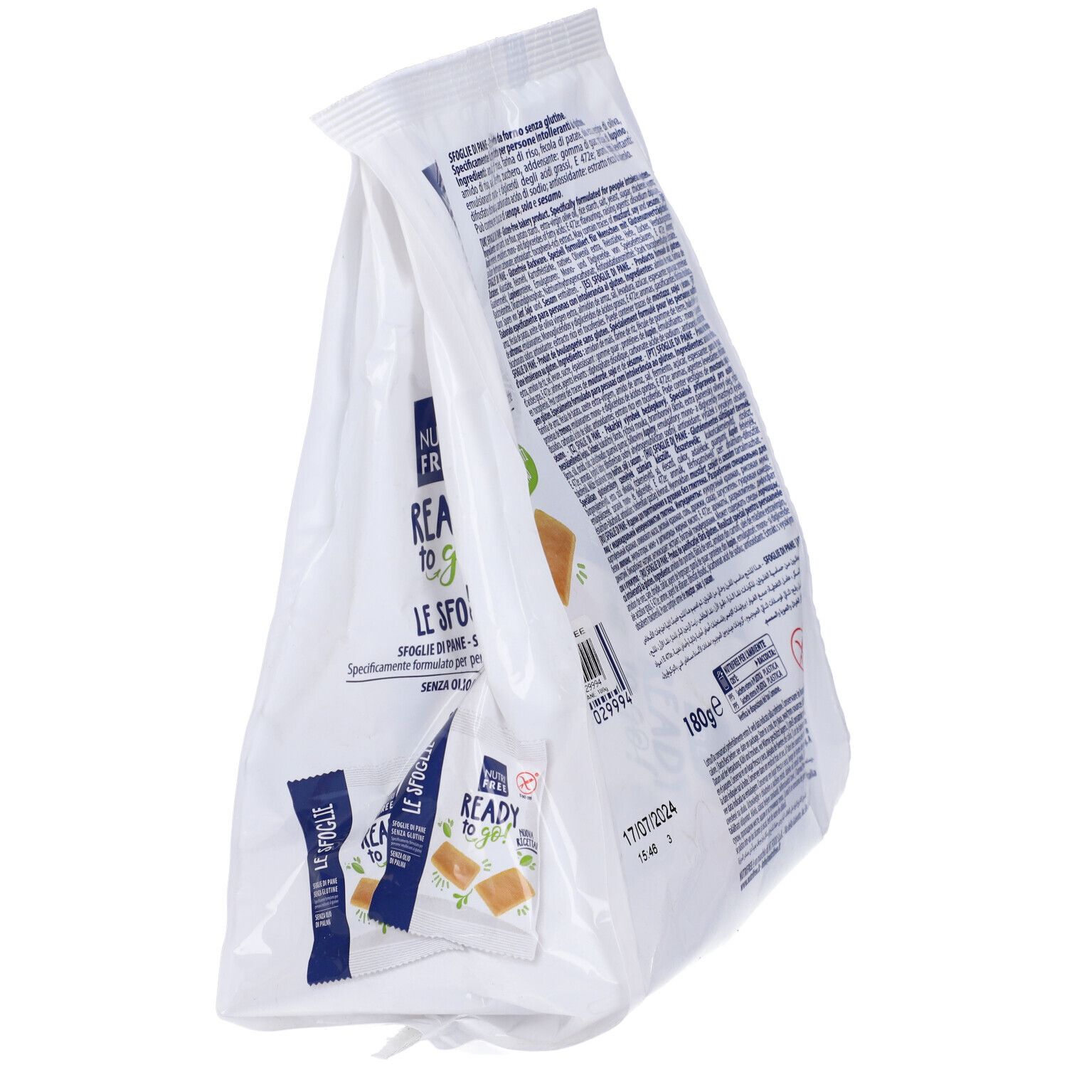 Confezione di "Le Sfoglie" senza glutine. Scritta: Nutri Free, Ready to go!, 6 porzioni. Retro con testo.