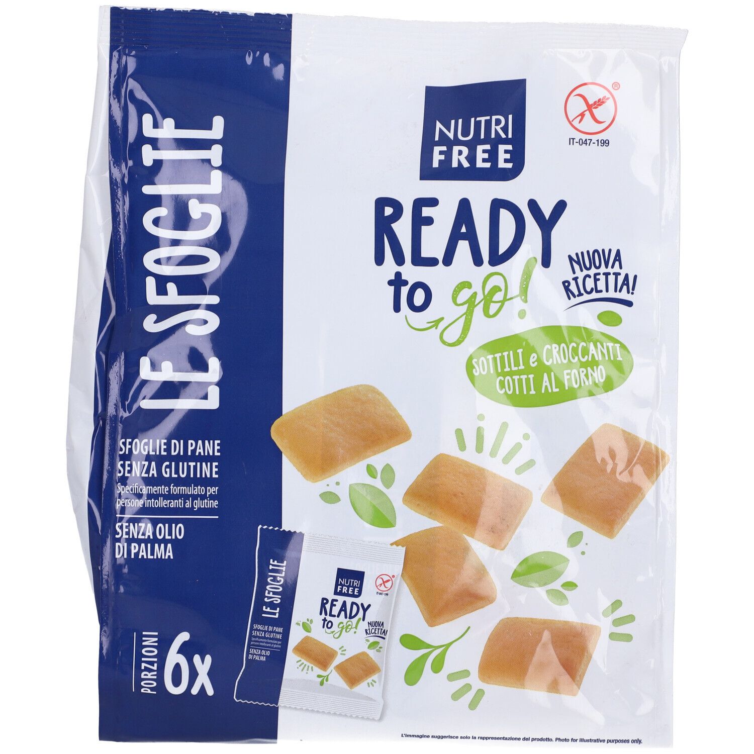 Confezione di "Le Sfoglie" senza glutine. Scritta: Nutri Free, Ready to go!, 6 porzioni. Illustrazione dei fiocchi di pane.