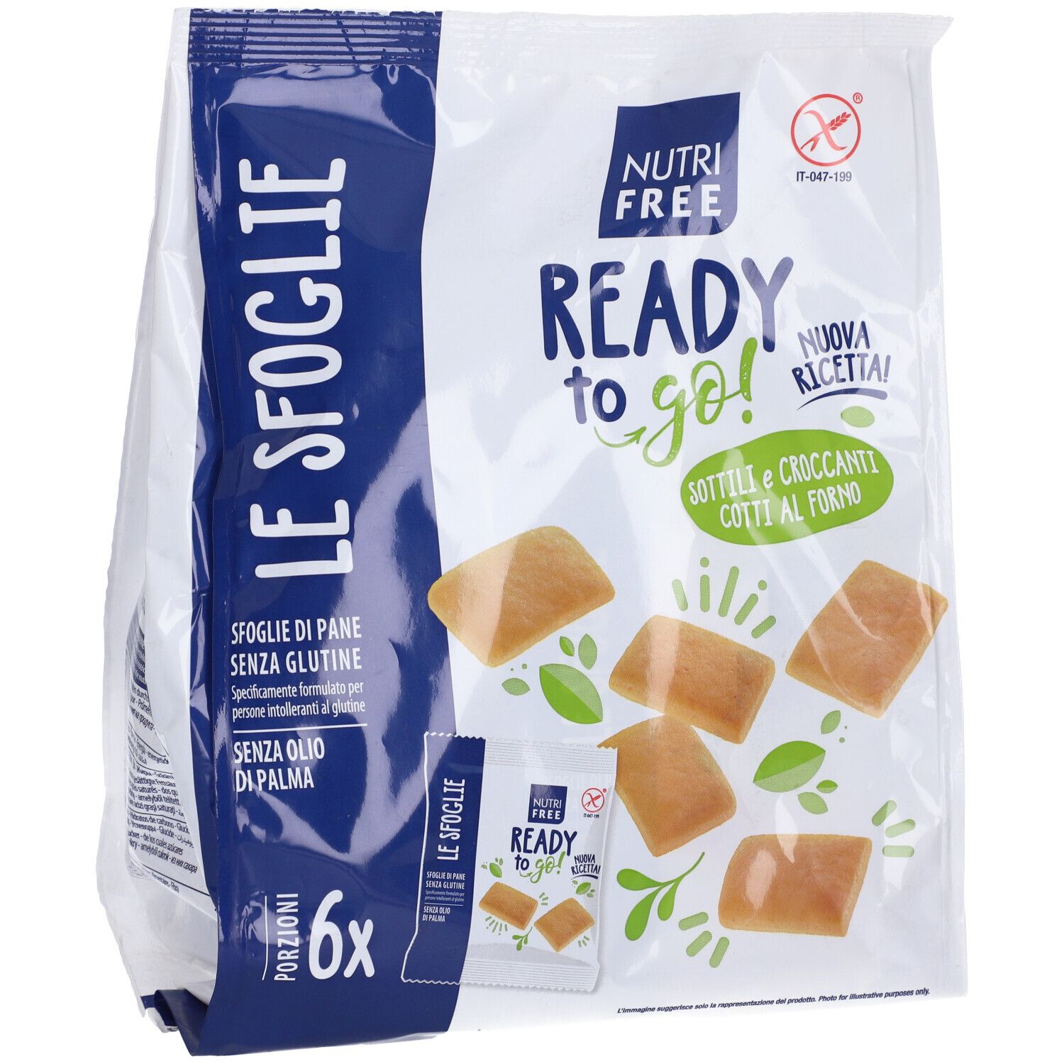 Confezione di "Le Sfoglie" senza glutine. Scritta: Nutri Free, Ready to go!, 6 porzioni. Illustrazione dei fiocchi di pane.