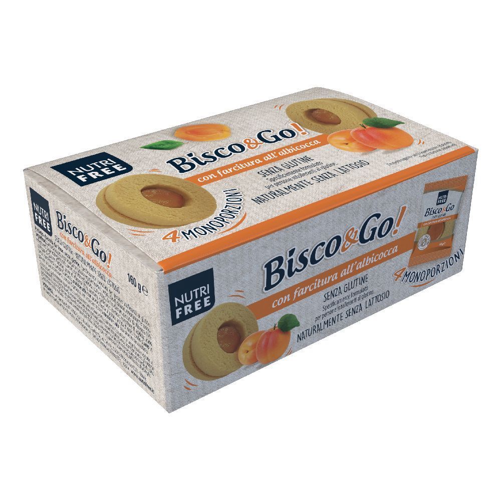 Confezione di Nutrifree Bisco&Go con farcitura all'albicocca. 4 monoporzioni. Senza glutine. Marchio Nutrifree.