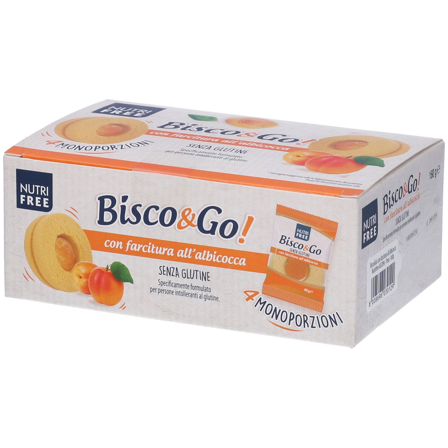 Confezione di Nutrifree Bisco&Go con farcitura all'albicocca. 4 monoporzioni. Senza glutine. Marchio Nutrifree.