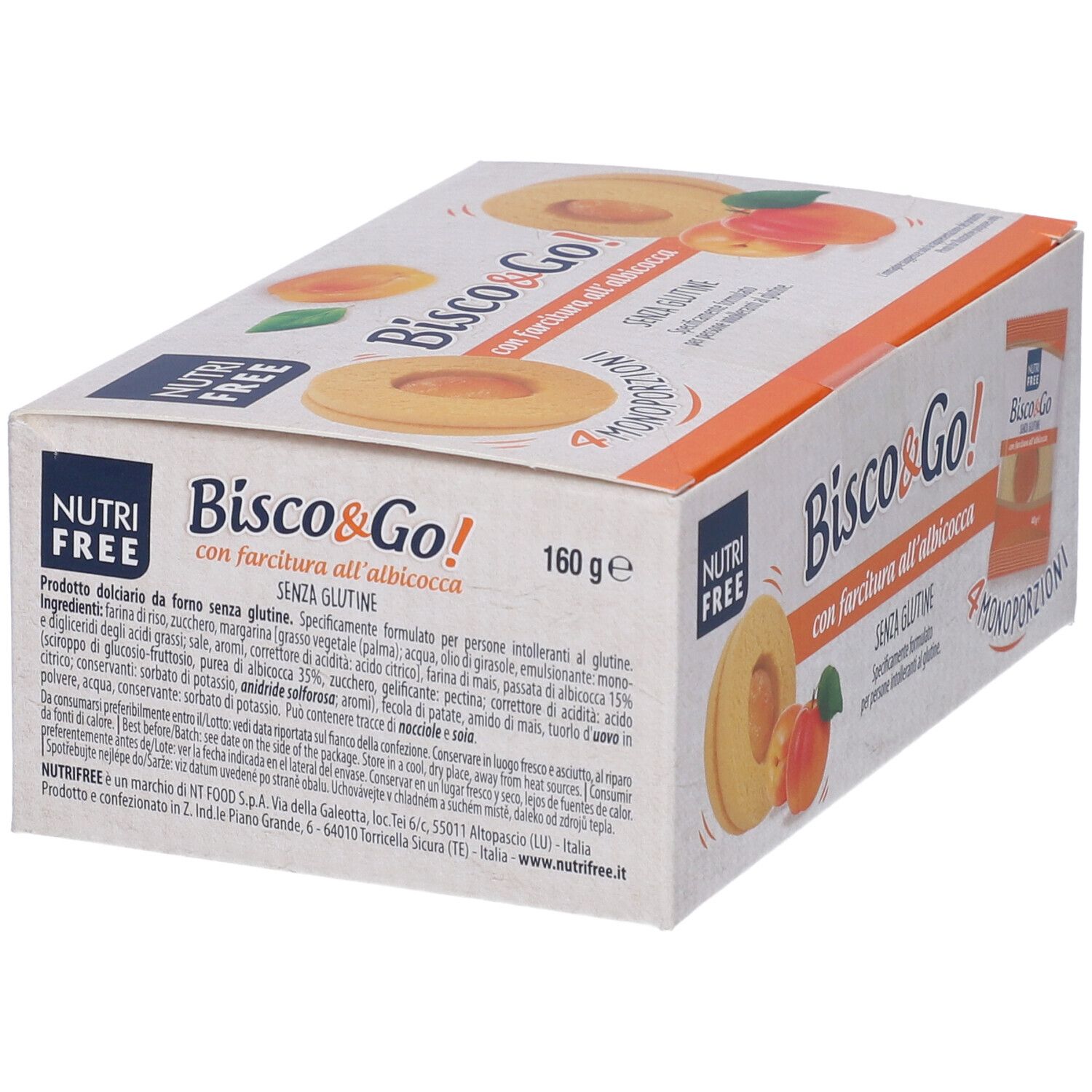 Confezione di Nutrifree Bisco&Go con farcitura all'albicocca. 4 monoporzioni. Senza glutine. Marchio Nutrifree.