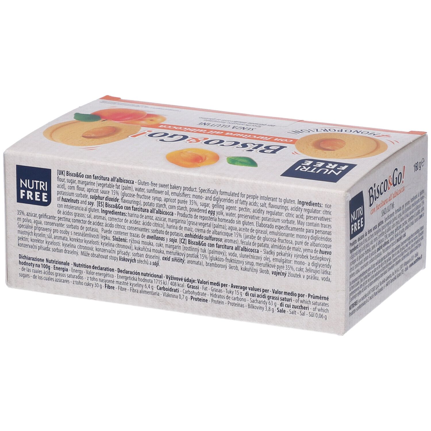 Confezione Nutrifree Bisco&Go con farcitura all'albicocca. 160g. Senza glutine. Marchio Nutrifree. Ingredienti.