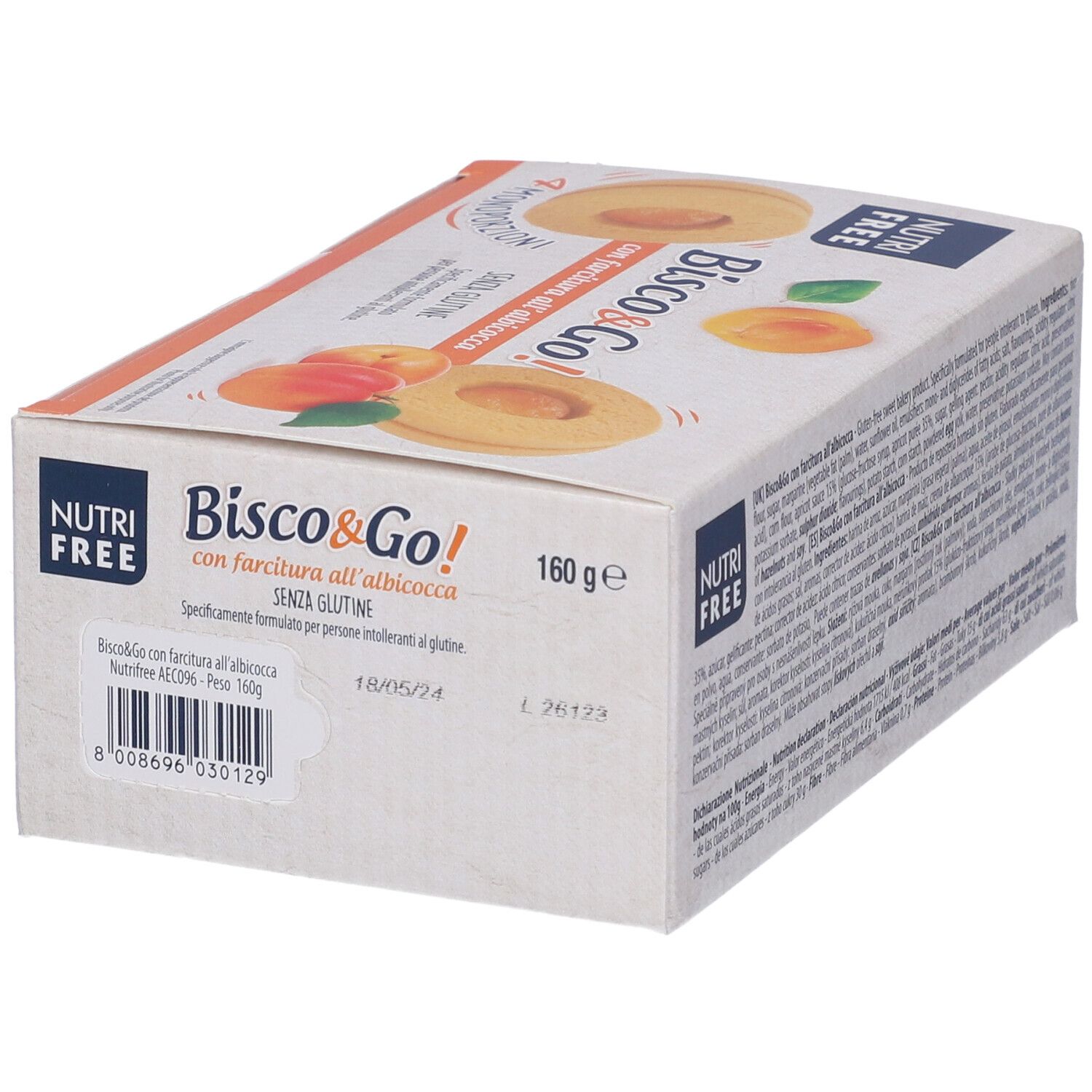 Confezione Nutrifree Bisco&Go con farcitura all'albicocca. 160g. Senza glutine. Marchio Nutrifree. Scadenza.