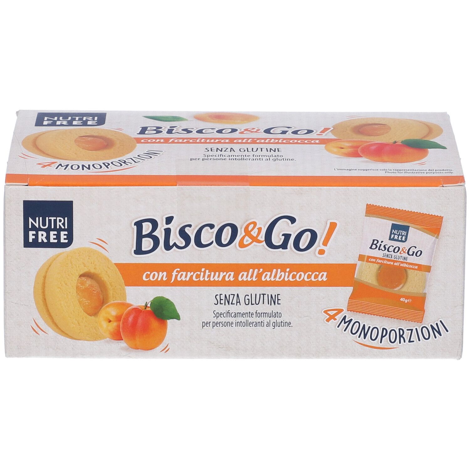 Confezione di Nutrifree Bisco&Go con farcitura all'albicocca. 4 monoporzioni. Senza glutine. Marchio Nutrifree.