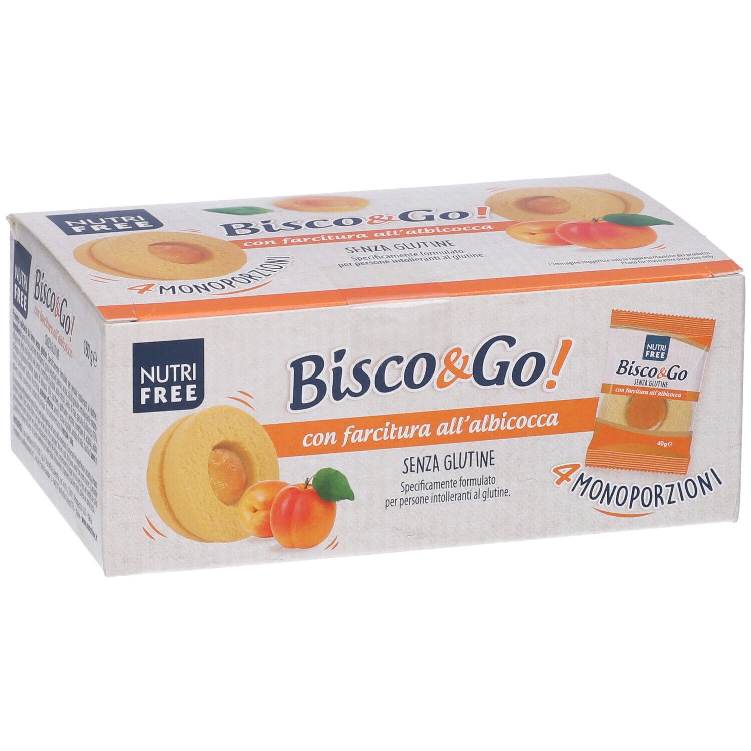 Confezione di Nutrifree Bisco&Go con farcitura all'albicocca. 4 monoporzioni. Senza glutine. Marchio Nutrifree.