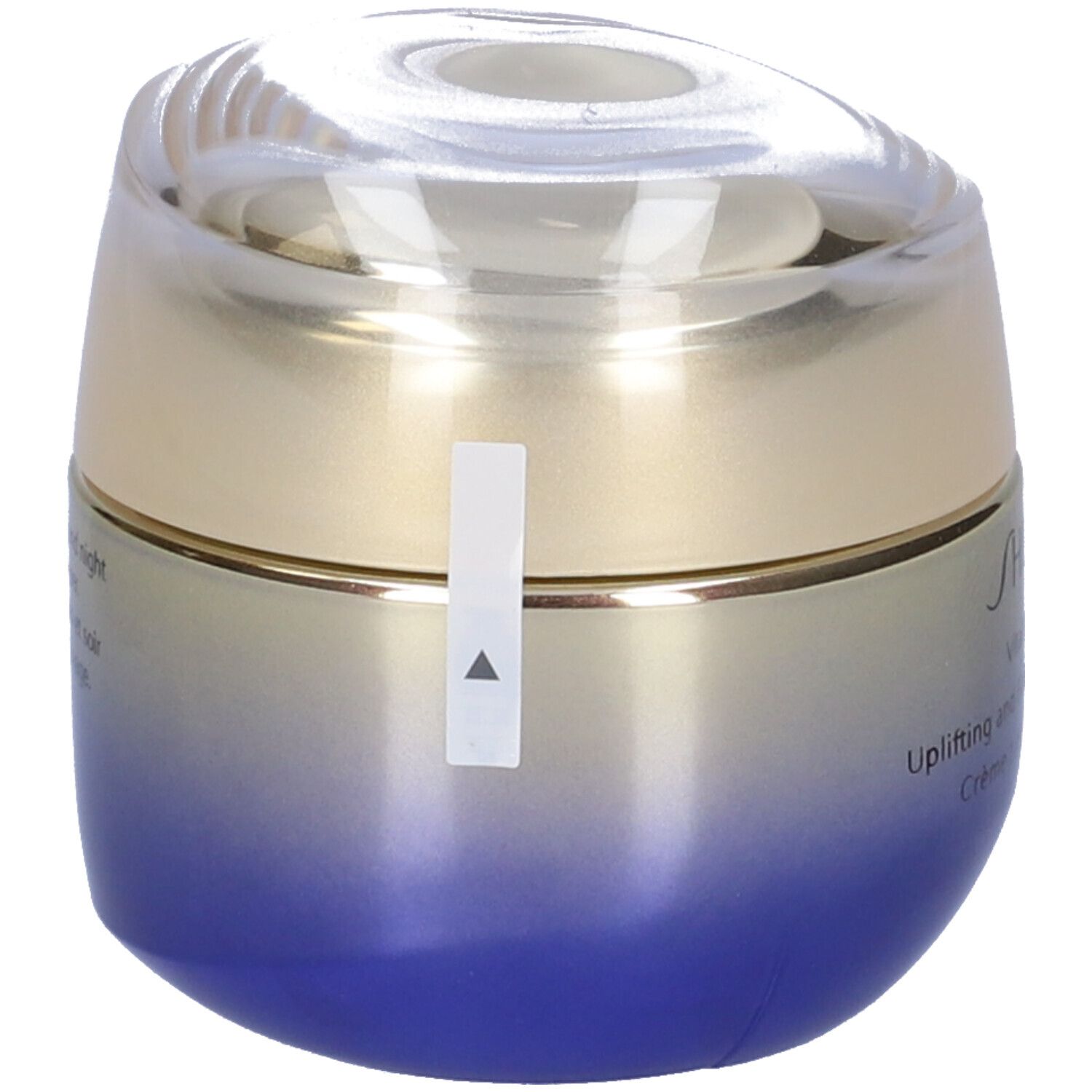 Vaso di crema con coperchio. Scritta: SHISEIDO, Vital Perfection. Adesivo con freccia. Sfumatura blu-oro.
