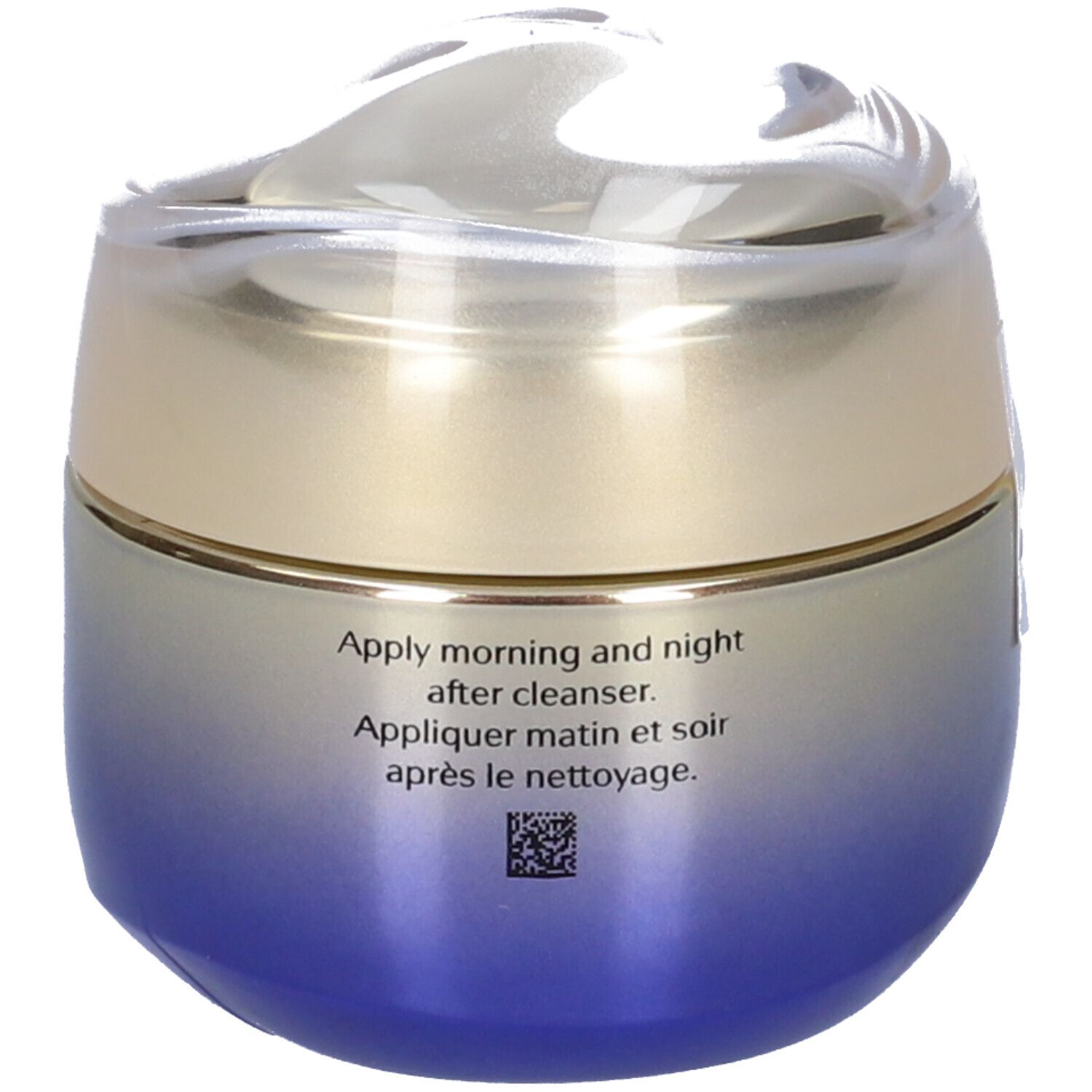 Vaso di crema con coperchio. Scritta: Apply morning and night after cleanser. Sfumatura blu-oro.