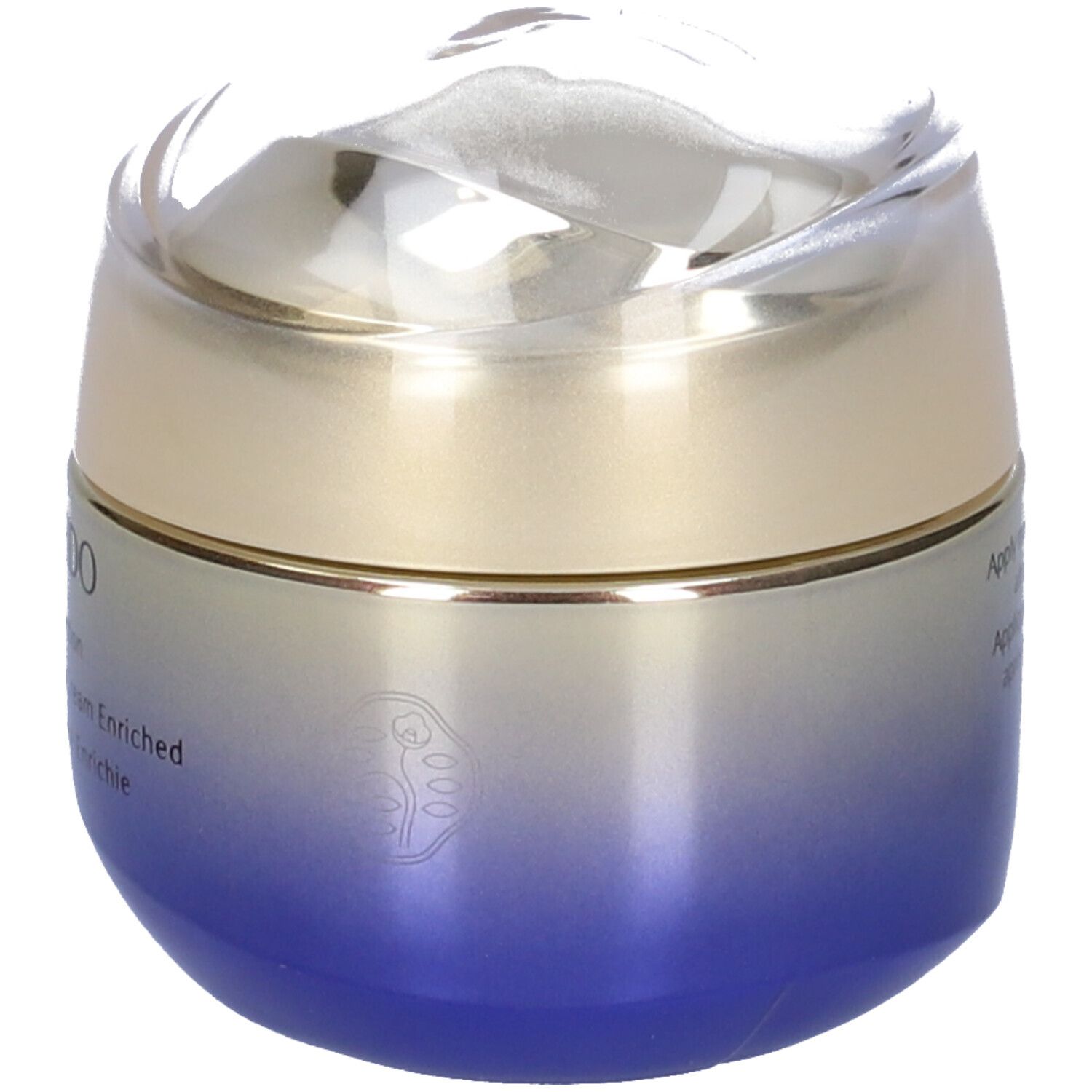 Vaso di crema con coperchio. Scritta: SHISEIDO, Vital Perfection. Sfumatura blu-oro. Logo.