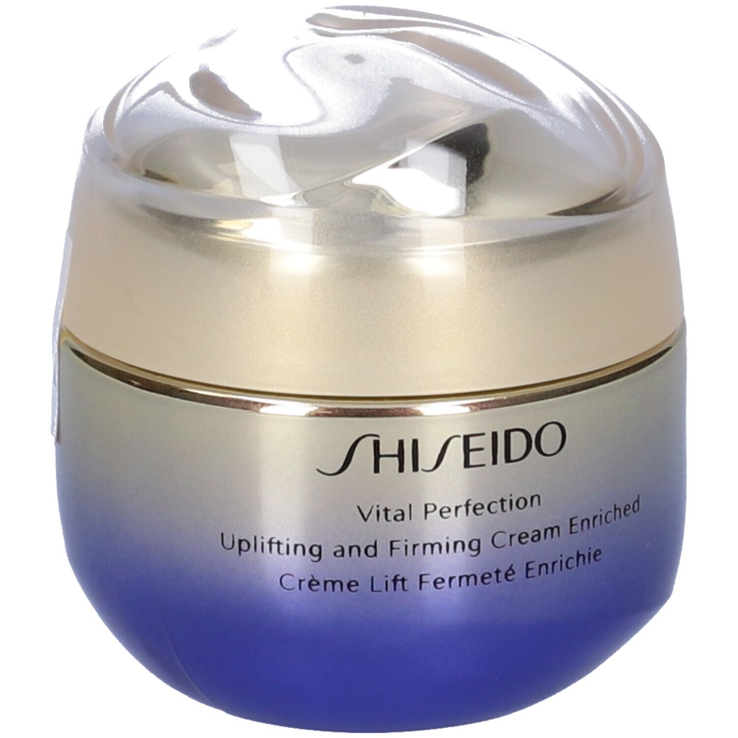 Vaso di crema con coperchio. Scritta: SHISEIDO, Vital Perfection, Uplifting and Firming Cream Enriched. Sfumatura blu-oro.