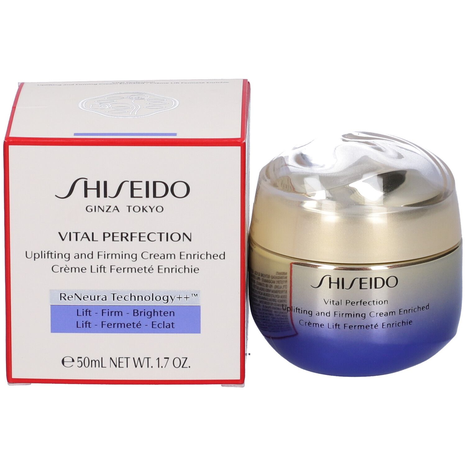 Vaso di crema e confezione. Scritta: SHISEIDO, VITAL PERFECTION, Uplifting and Firming Cream Enriched. Scatola con testo.