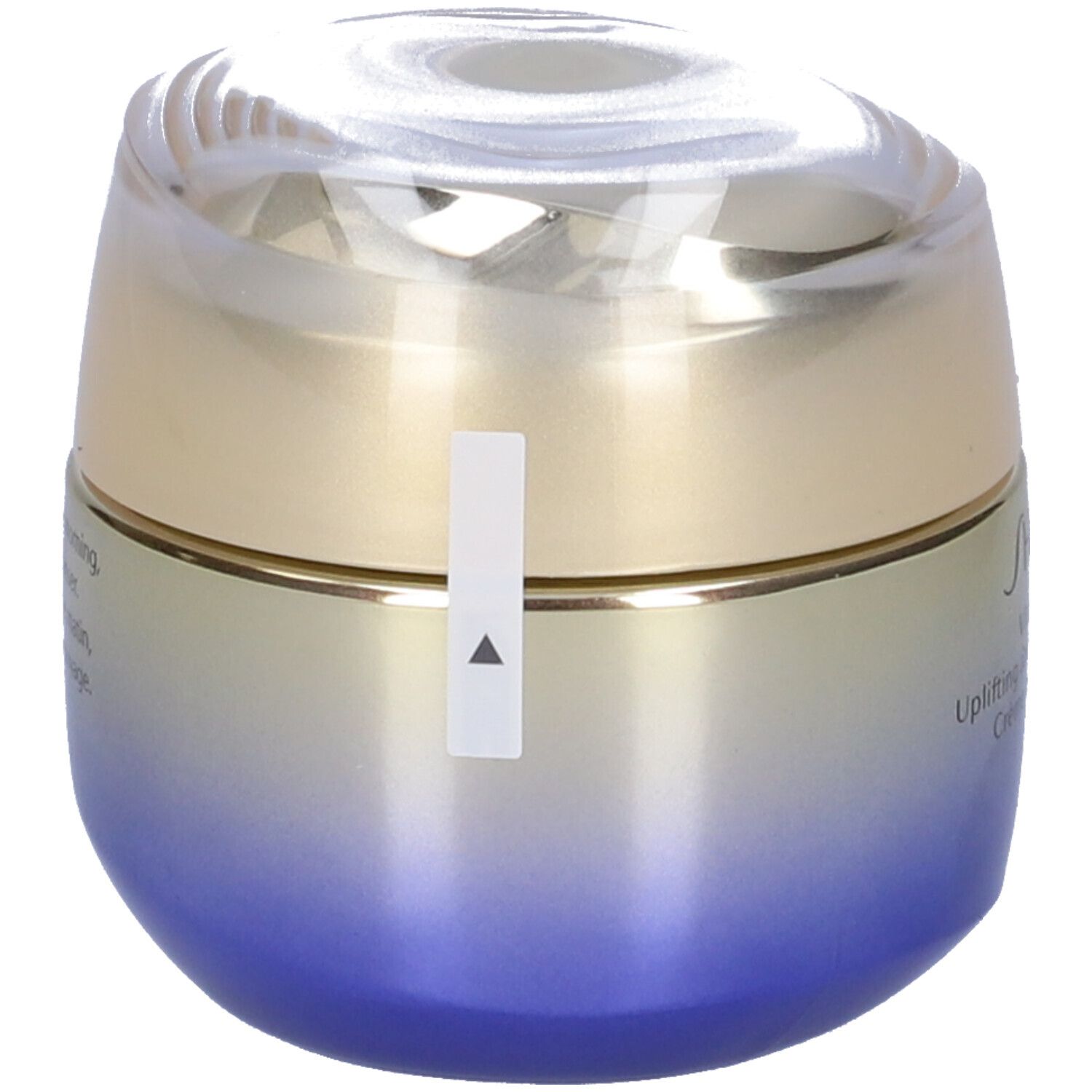 Vasetto rotondo con coperchio dorato e vetro blu-viola. Chiusura con adesivo bianco.