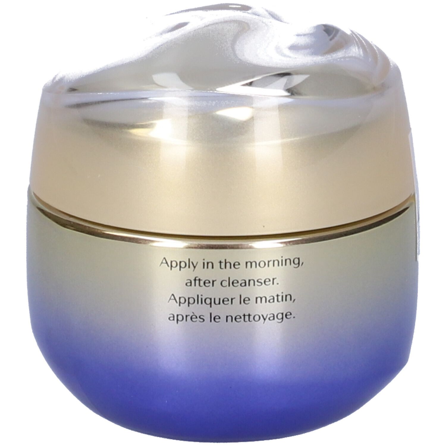 Vasetto rotondo con coperchio dorato e vetro blu-viola. Scritta: Apply in the morning, after cleanser.