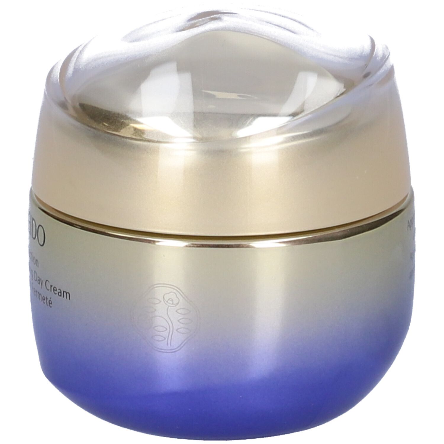 Vasetto rotondo con coperchio dorato e vetro blu-viola. Scritta: SHISEIDO, Vital Perfection.