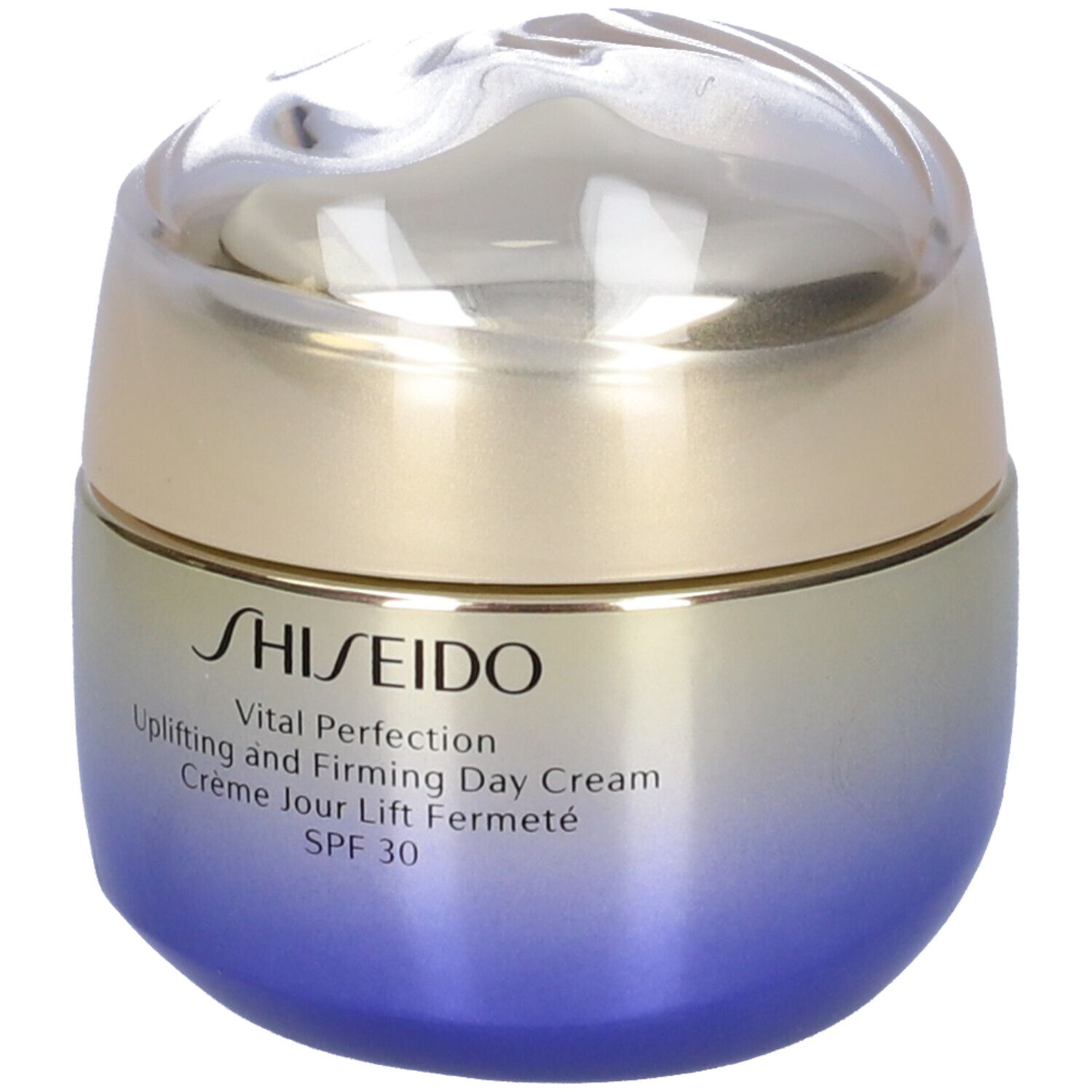 Vasetto rotondo con coperchio dorato e vetro blu-viola. Scritta: SHISEIDO, Vital Perfection, SPF 30.