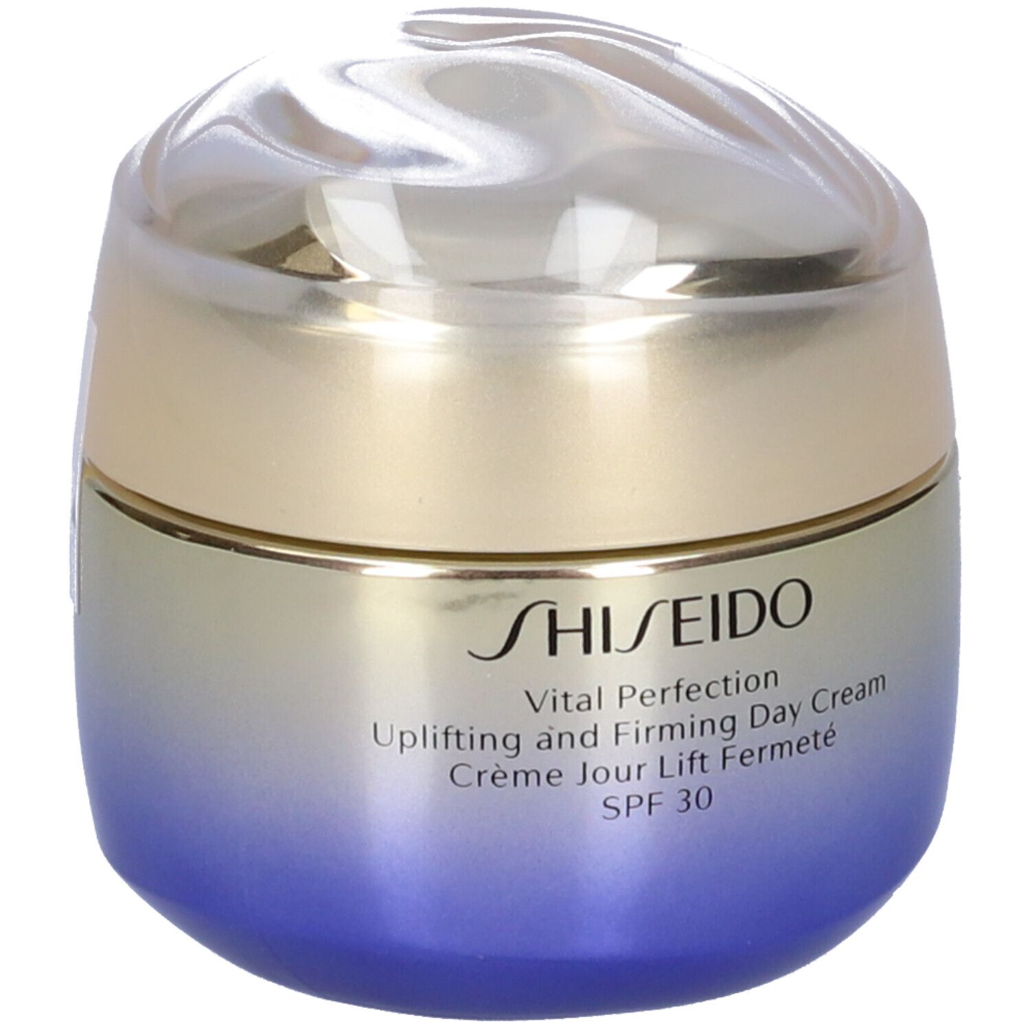 Vasetto rotondo con coperchio dorato e vetro blu-viola. Scritta: SHISEIDO, Vital Perfection, SPF 30.