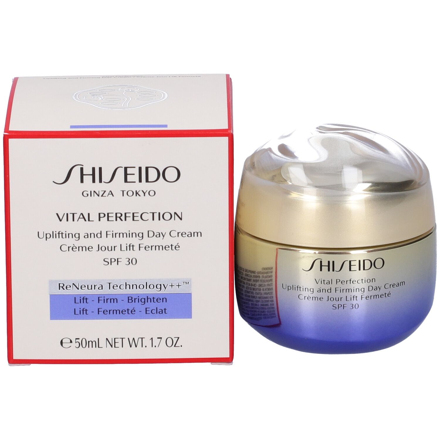 Vasetto e confezione. Vasetto con coperchio dorato e vetro blu-viola. Confezione bianca con scritta.