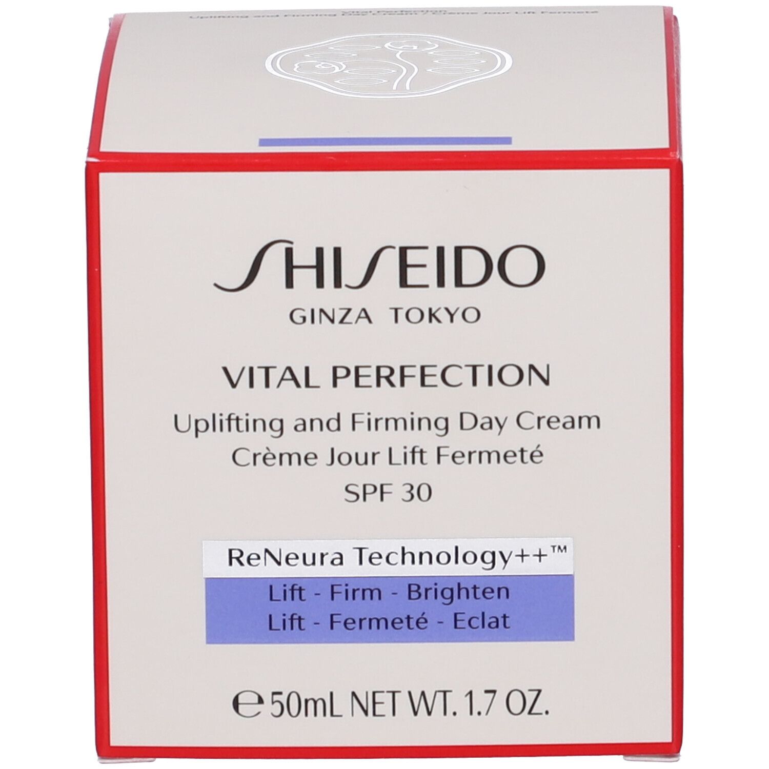 Confezione bianca con scritte rosse e blu. Scritta: SHISEIDO, Vital Perfection, SPF 30, 50ml.