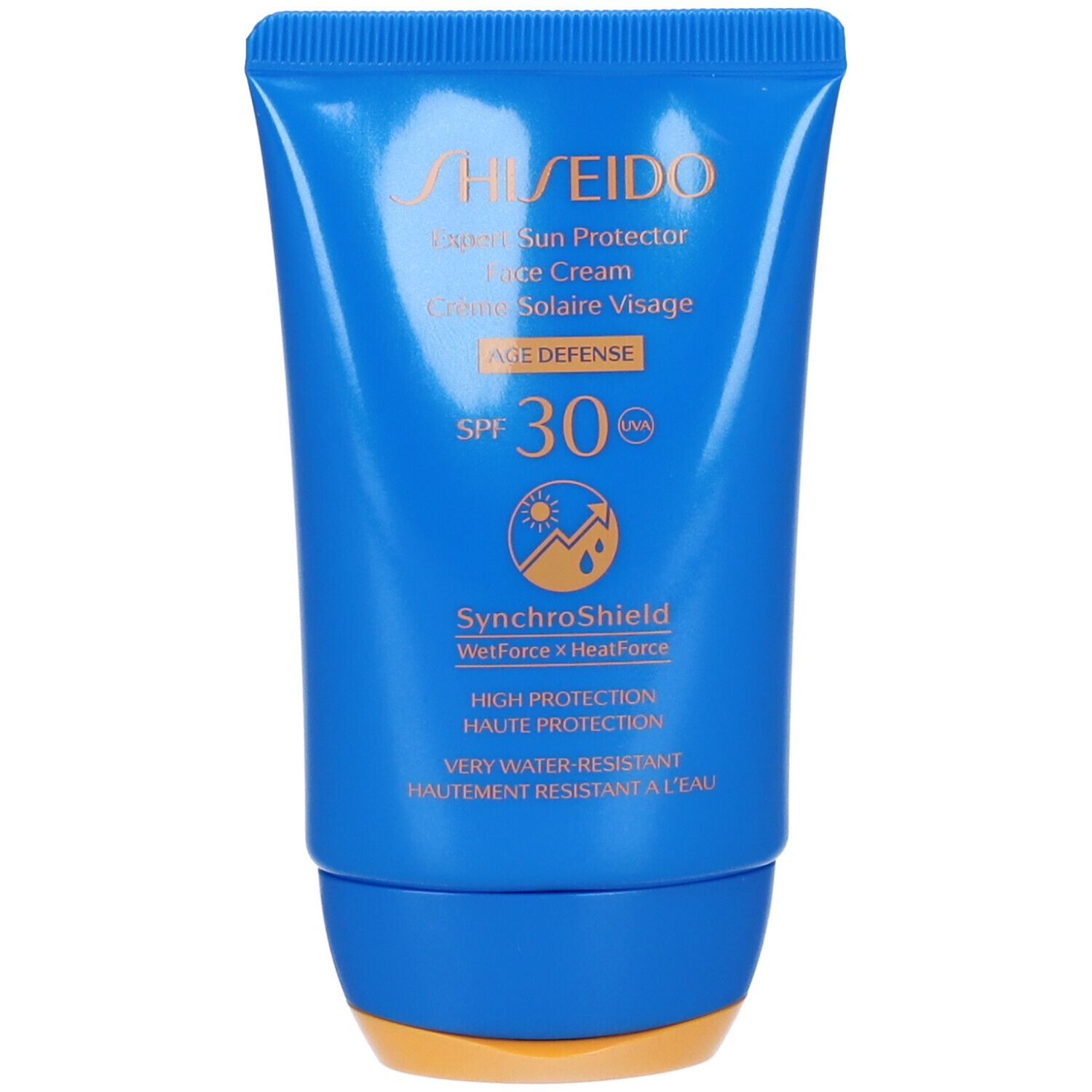 Tubo blu di crema solare Shiseido Expert Sun Protector SPF30. Tecnologia SynchroShield. Alta protezione, resistente all'acqua.