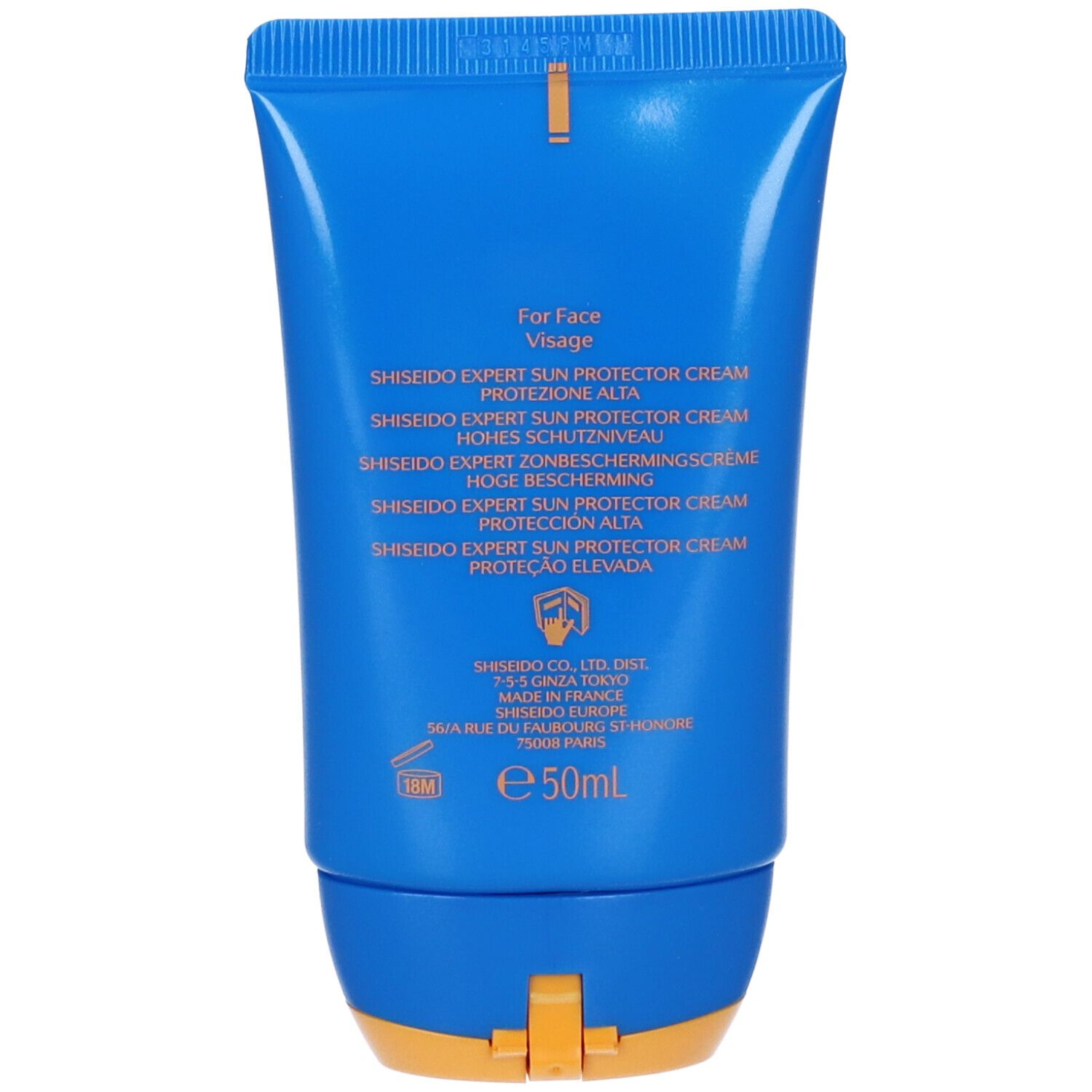 Retro del tubo di crema solare. Testo: Shiseido Expert Sun Protector Cream. Per il viso. 50ml. Prodotto in Francia.