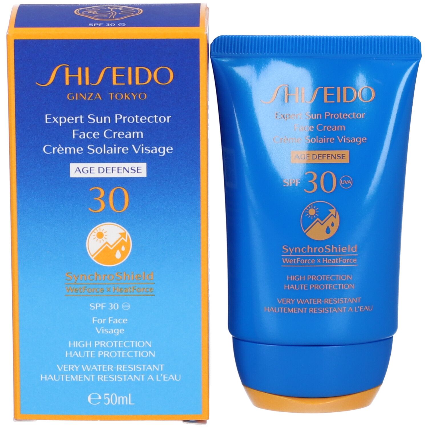 Tubo e scatola di crema solare Shiseido Expert Sun Protector SPF30. Tecnologia SynchroShield. 50ml.