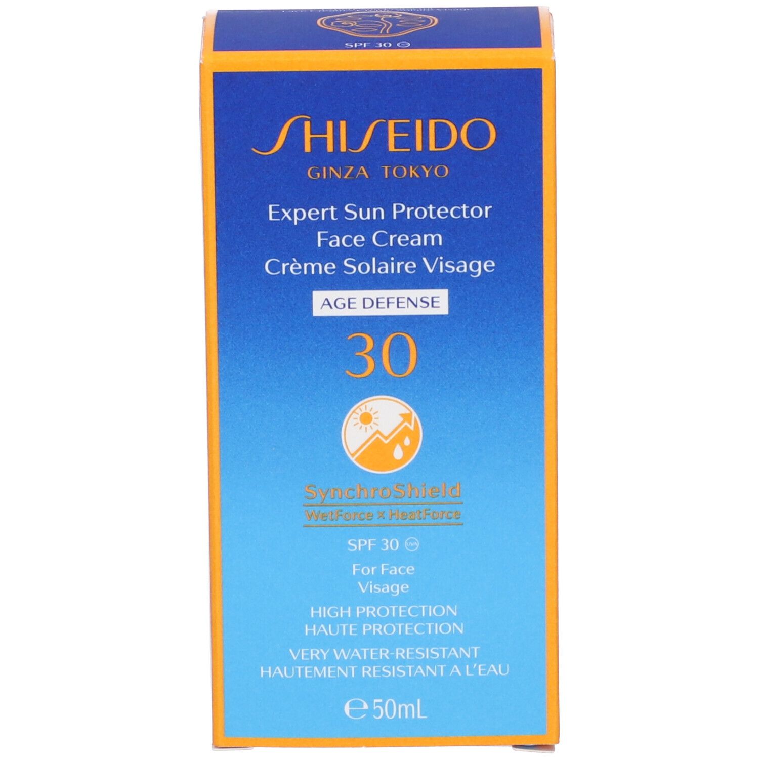 Scatola di crema solare Shiseido Expert Sun Protector SPF30. Tecnologia SynchroShield. 50ml.