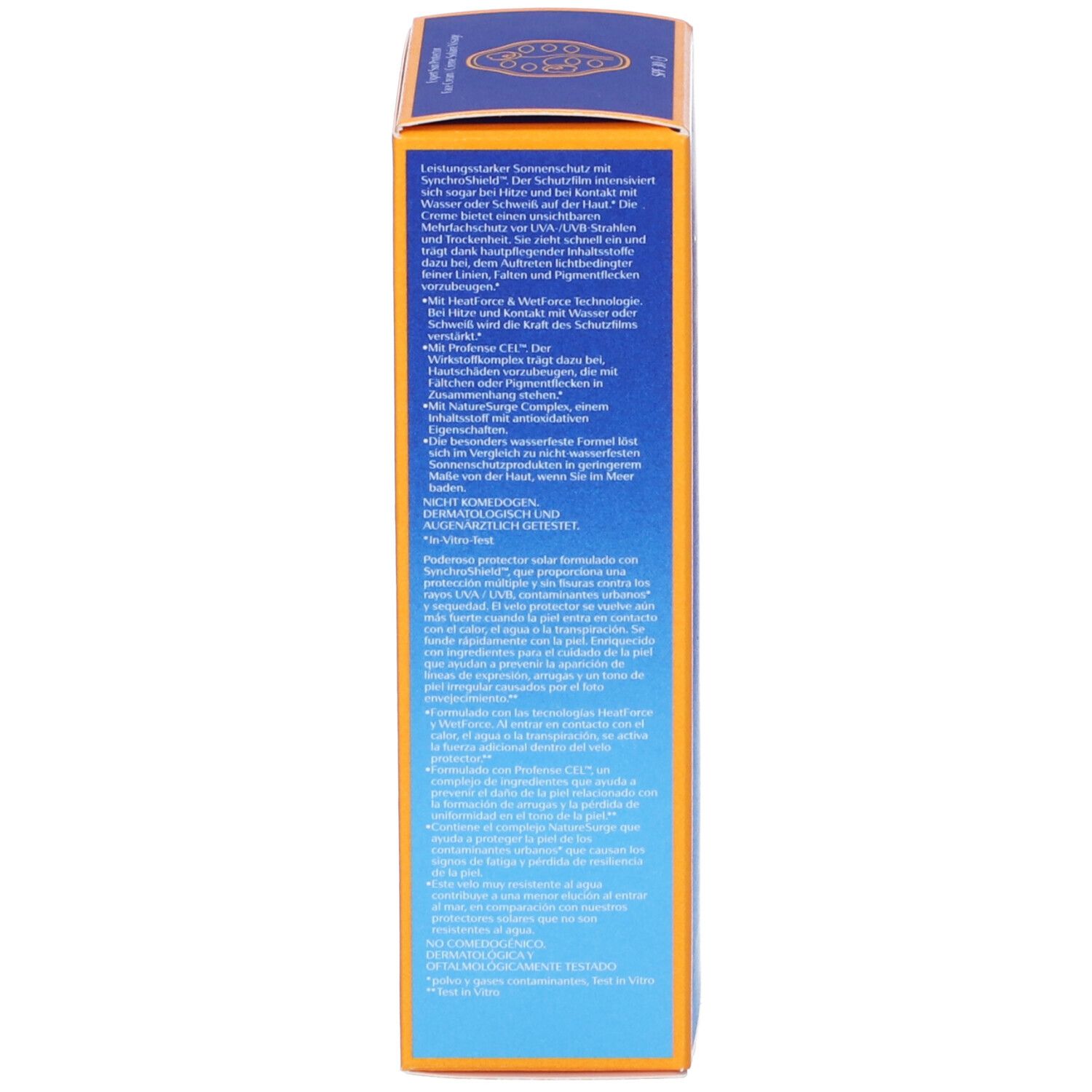 Retro della scatola. Testo in tedesco. Informazioni sulla crema solare, ingredienti e uso.