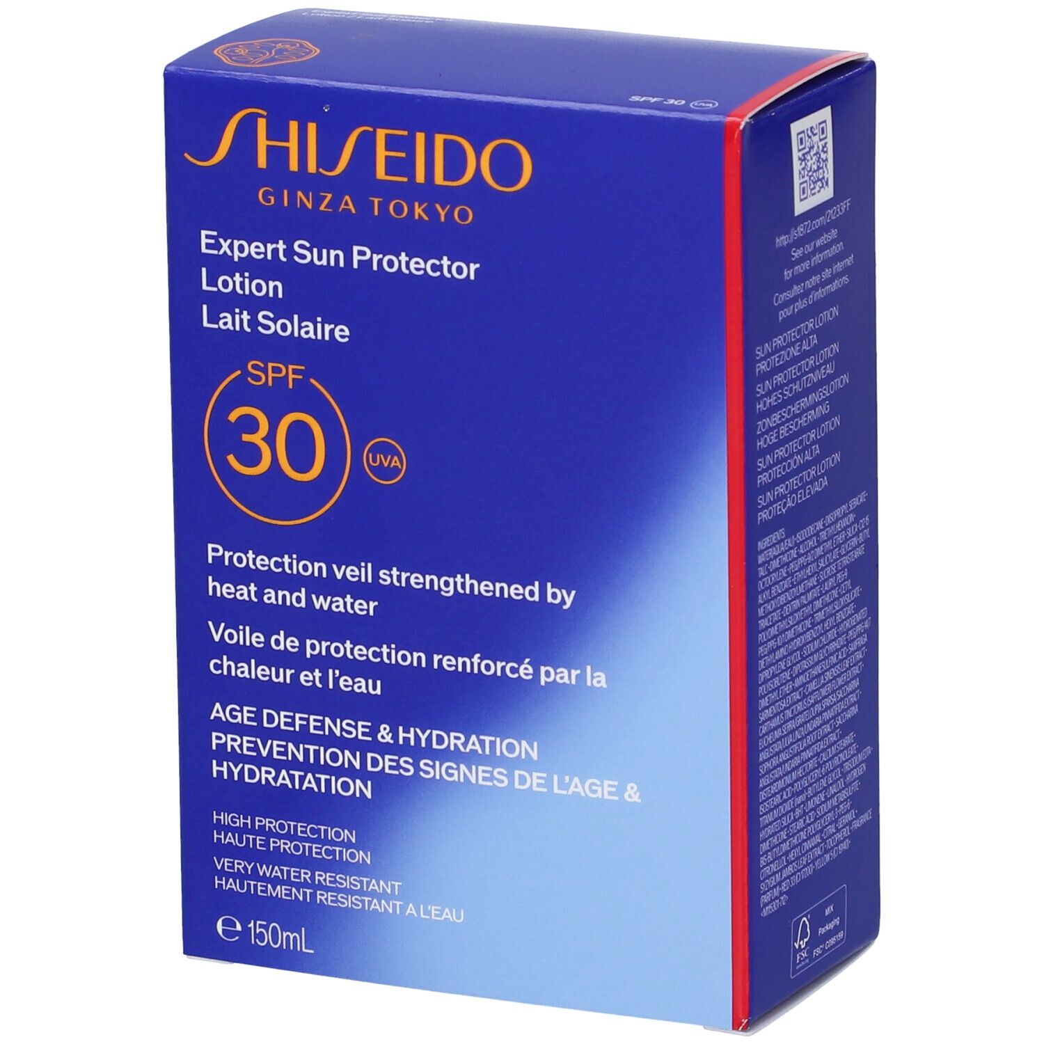 Scatola blu Shiseido Expert Sun Protector Lotion SPF30. Testo arancione e bianco. 150 ml.