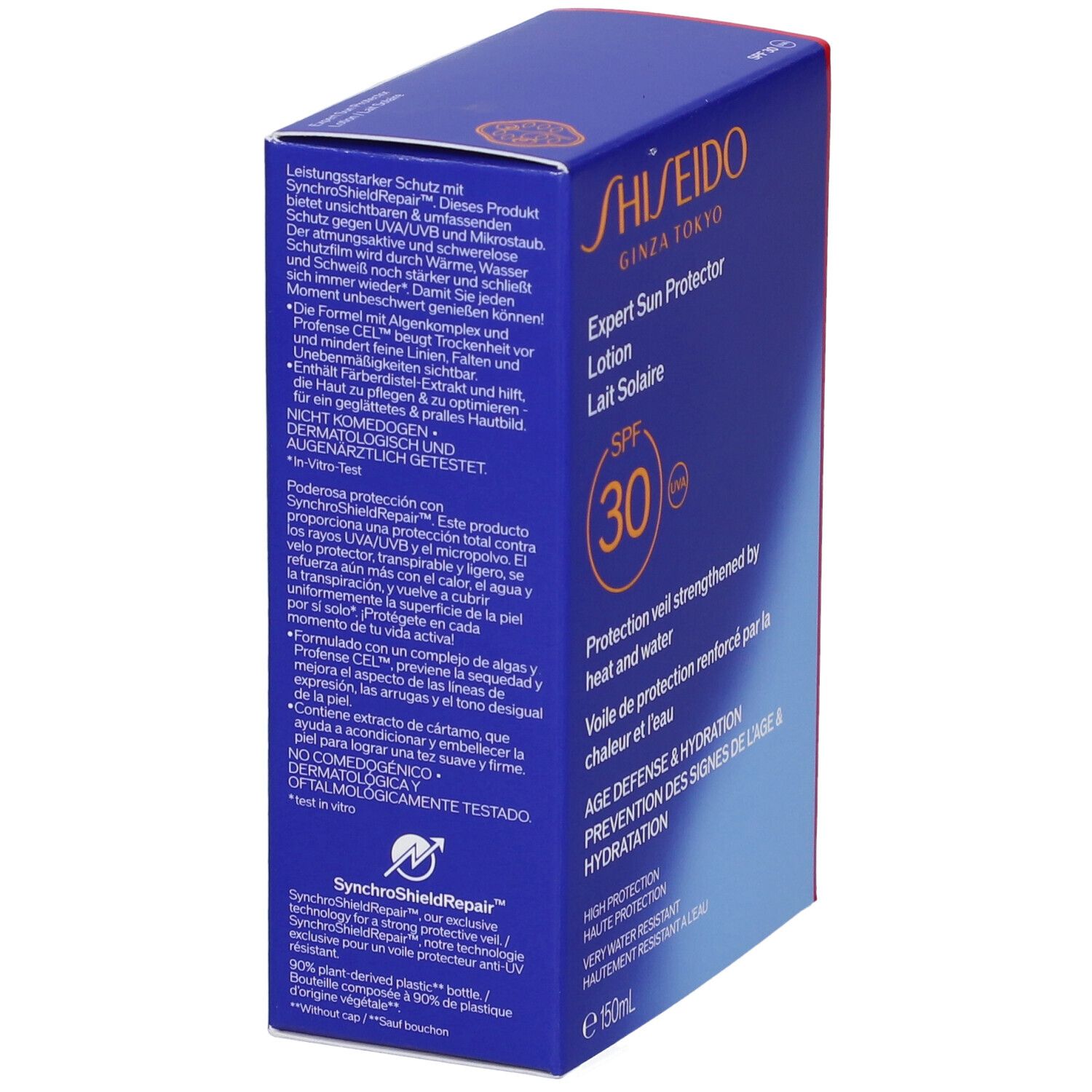 Scatola blu Shiseido Expert Sun Protector Lotion SPF30. Testo arancione e bianco. Retro con testo.