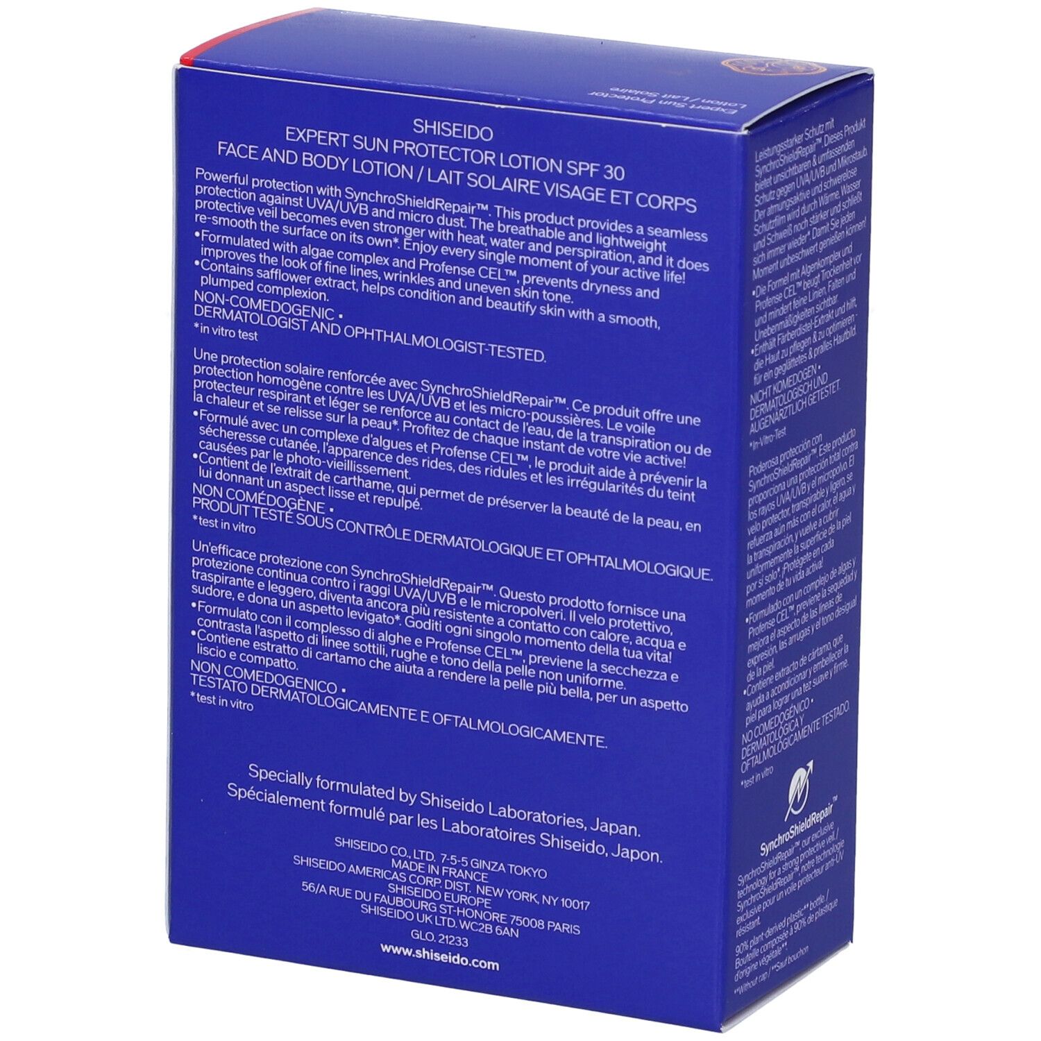 Scatola blu Shiseido Expert Sun Protector Lotion SPF30. Testo arancione e bianco. Retro con testo.