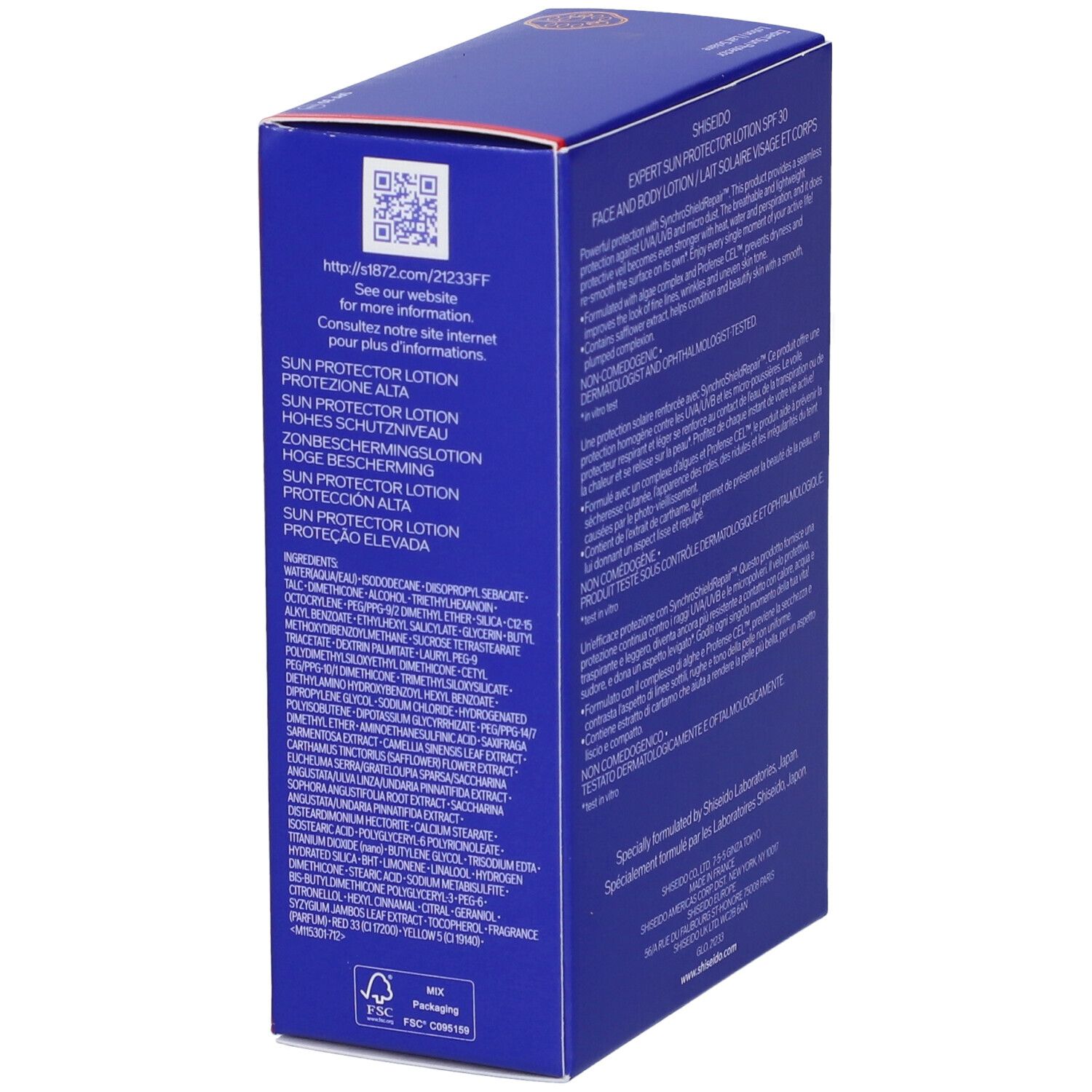 Scatola blu Shiseido Expert Sun Protector Lotion SPF30. Testo arancione e bianco. Lato con testo e codice QR.