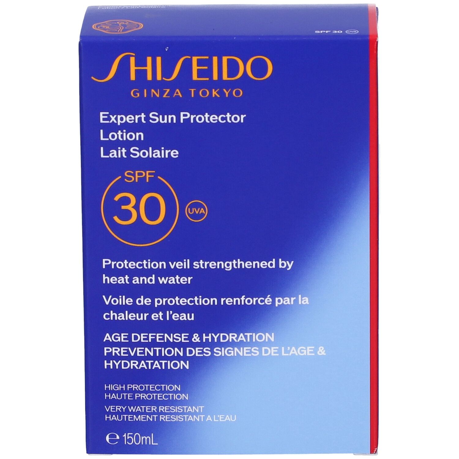 Scatola blu Shiseido Expert Sun Protector Lotion SPF30. Testo arancione e bianco. Parte anteriore.