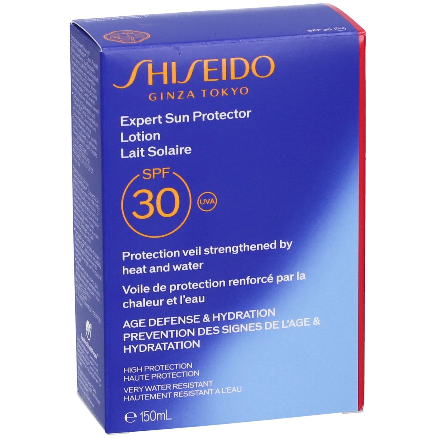 Scatola blu Shiseido Expert Sun Protector Lotion SPF30. Testo arancione e bianco. Parte anteriore.