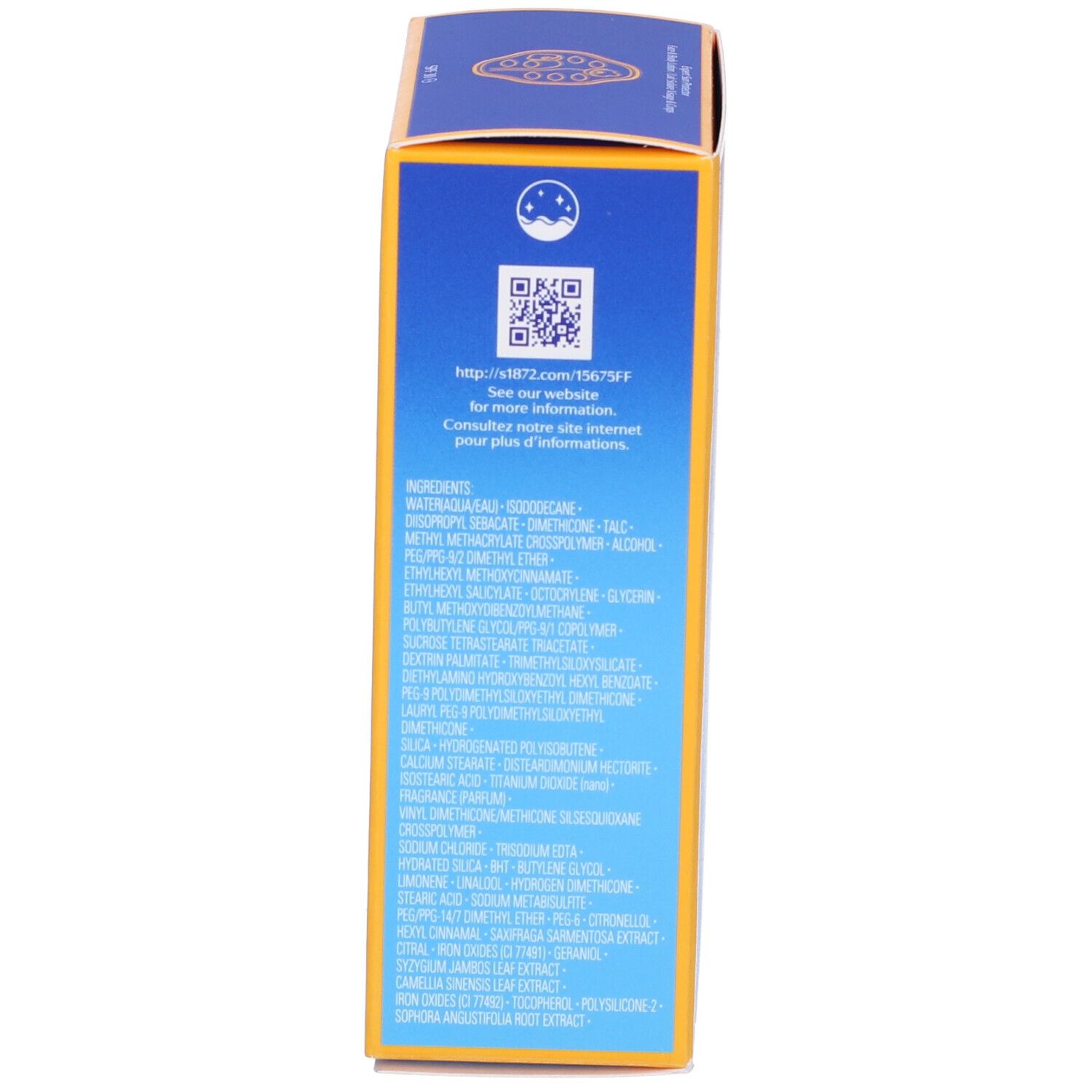 Scatola blu Shiseido Expert Sun Protector Lotion SPF30. Testo arancione e bianco. Lato con testo e codice QR.