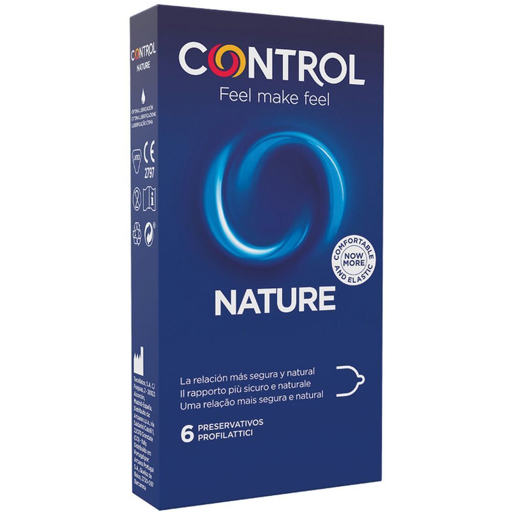 Blau verpackte Schachtel mit 'CONTROL Nature 6 Pz'. Text: 'Feel make feel'. Logo und Produktbezeichnung deutlich sichtbar.