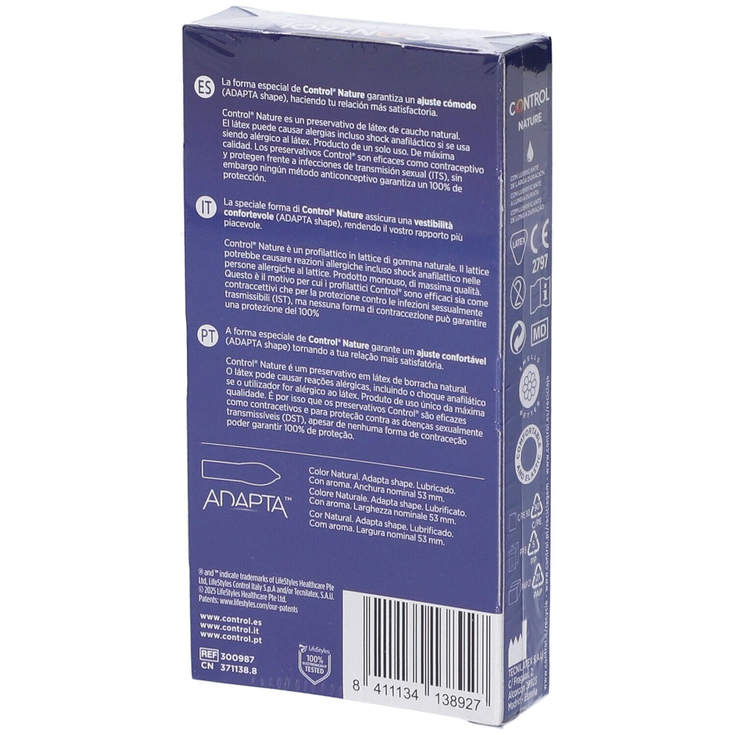 Rückseite der blauen Schachtel "CONTROL NATURE". Text in Spanisch, Italienisch und Portugiesisch. Enthält 6 Kondome.