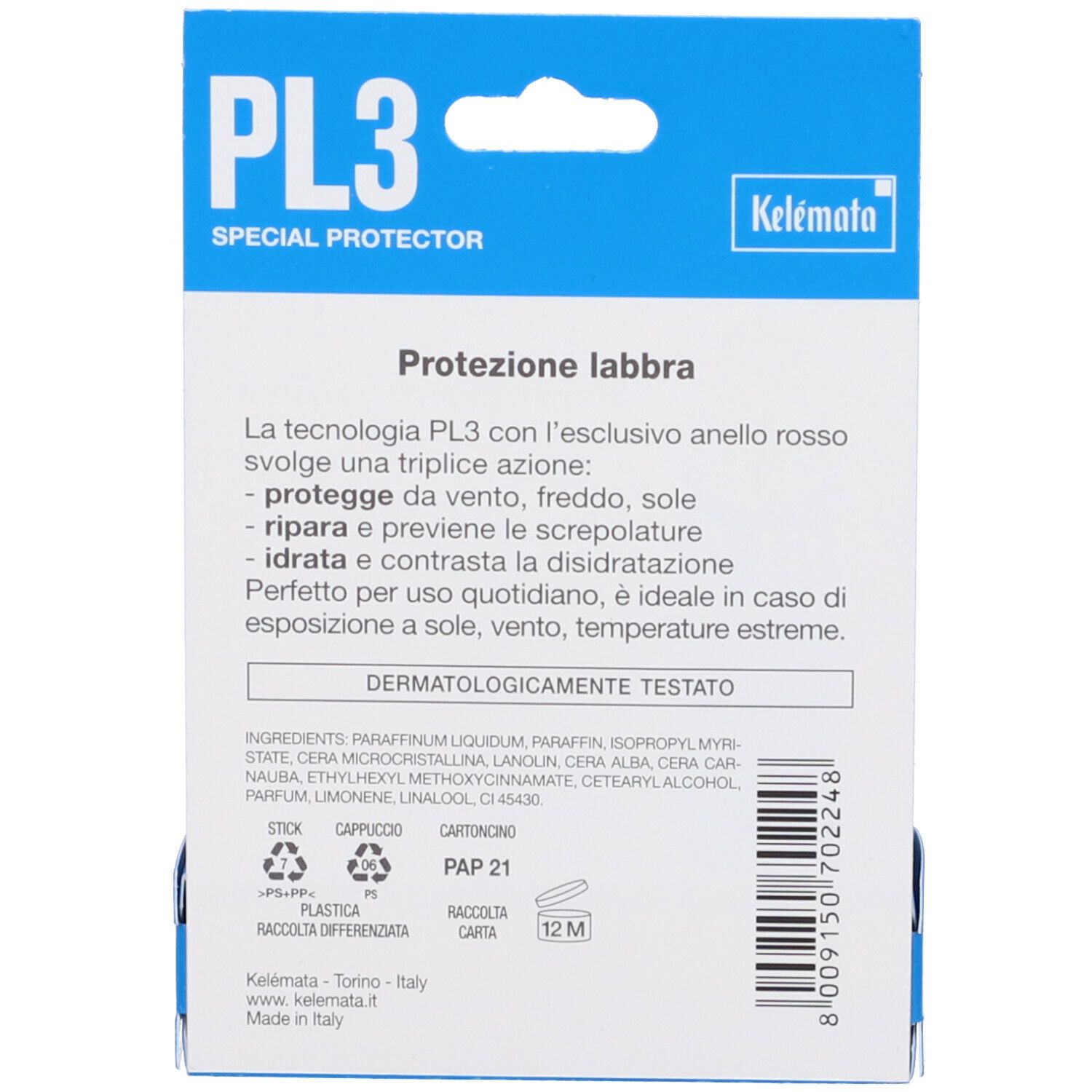 Retro della confezione. Testo: Protezione labbra. Ingredienti, simboli riciclo, simbolo 12M.